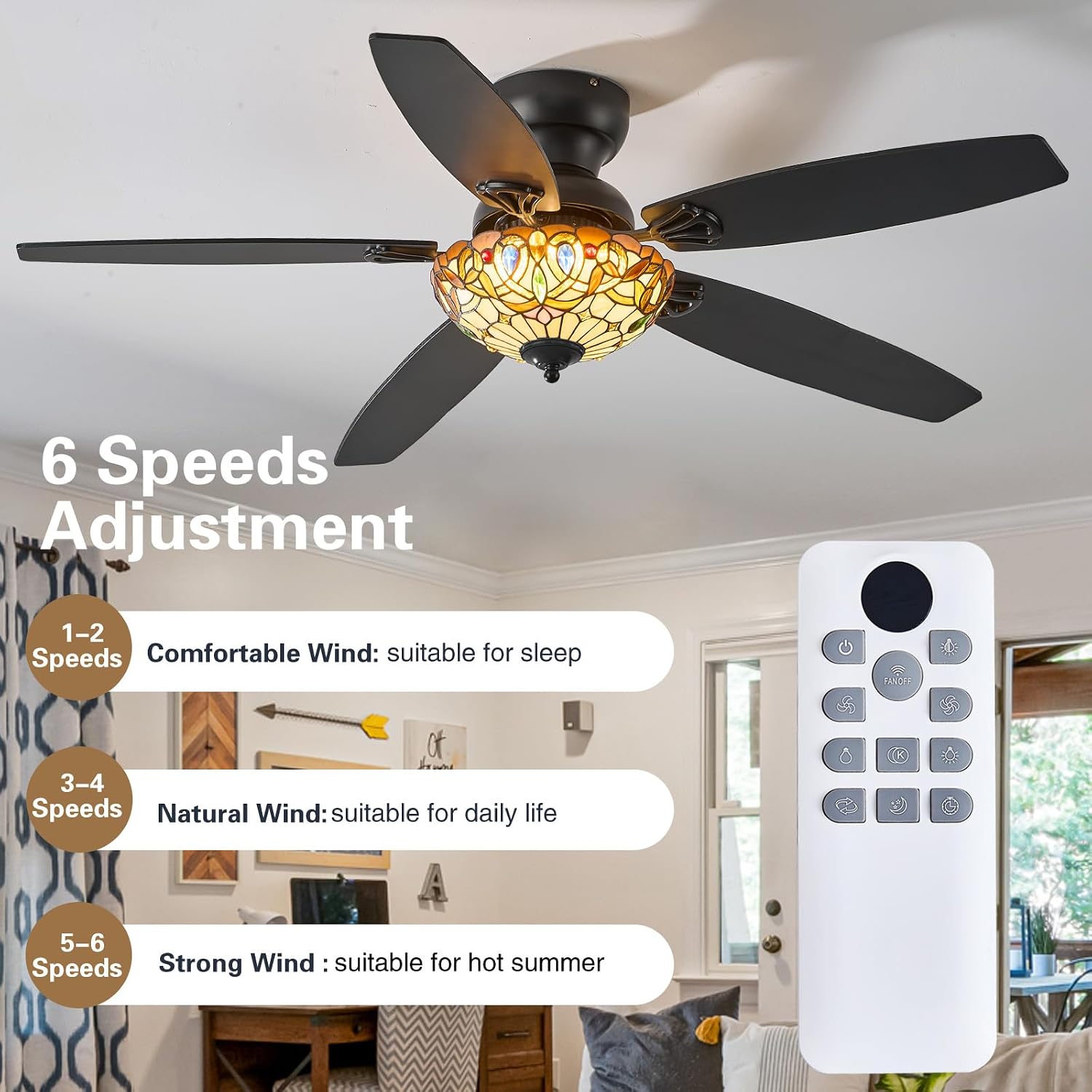 Ceiling Fans with Lights - 52' Ceiling Fan Chandelier with 5 Dual-Blades and Glass Shade, 6 Speeds and Reversible, Indoor and Outdoor, Retro Style