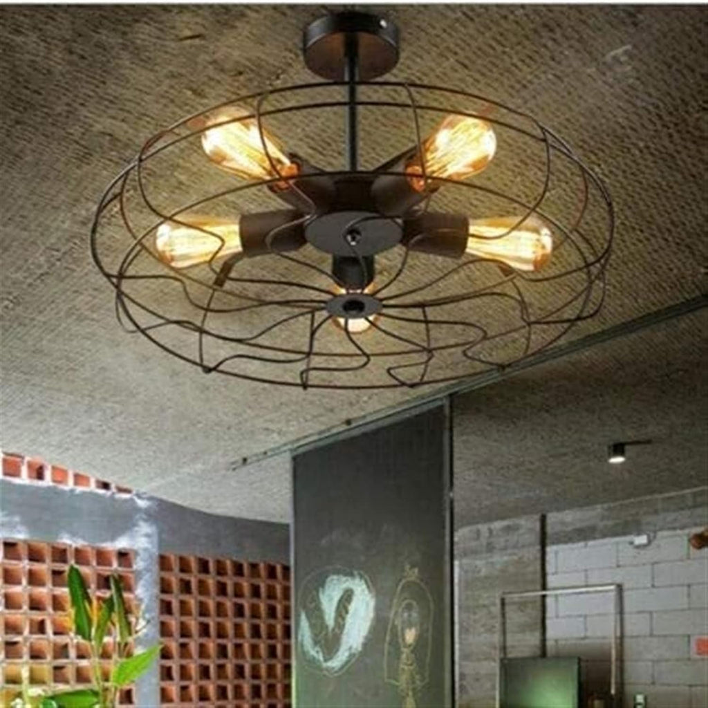 Metal Fan Pendant Lamp Steampunk Industrial Vintage Ceiling Chandelier Light E27 Ceiling Lighting Fixture for Restaurant Kitchen, Retro Black Fan Style Metal Cage Ceiling Light 5-Lights