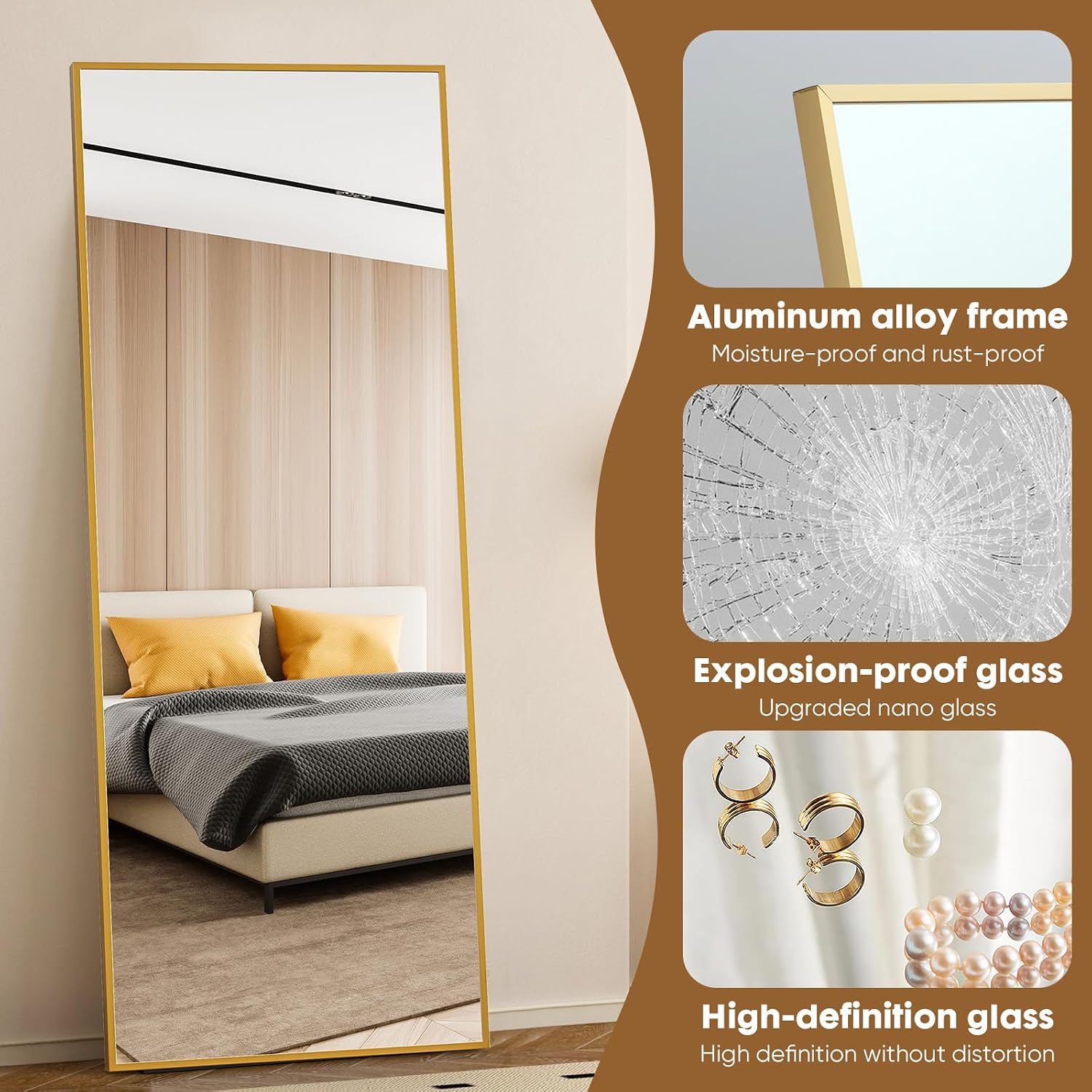 DUMOS 70.4'x25.6' Full Length Mirror with Stand, Floor Body Mirrors Shatter-proorf Nano Glass with Aluminum Frame, Free Standing or Hanging Leaning, Modern Simple for Home Decor, Gold