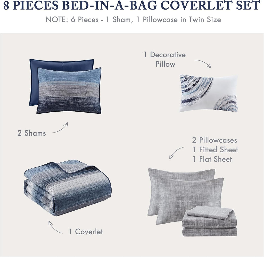 Madison Park Essentials Saben Cozy Bed in A Bag Reversible Quilt with Complete Cotton Sheet Set-Geometric Design All Season Cover, Decorative Pillow,King(104'x92'), Stripes Navy 8 Piece