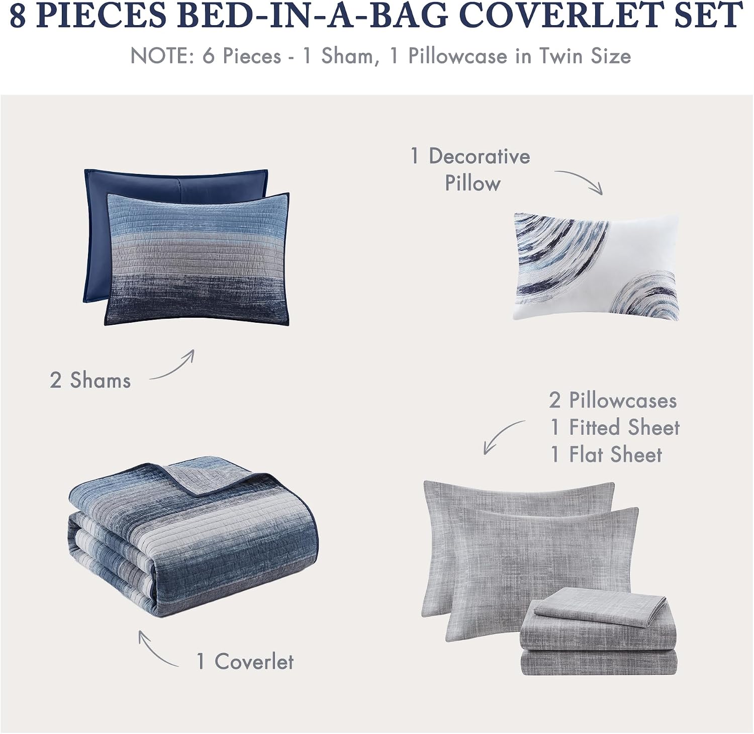 Madison Park Essentials Saben Cozy Bed in A Bag Reversible Quilt with Complete Cotton Sheet Set-Geometric Design All Season Cover, Decorative Pillow,King(104'x92'), Stripes Navy 8 Piece