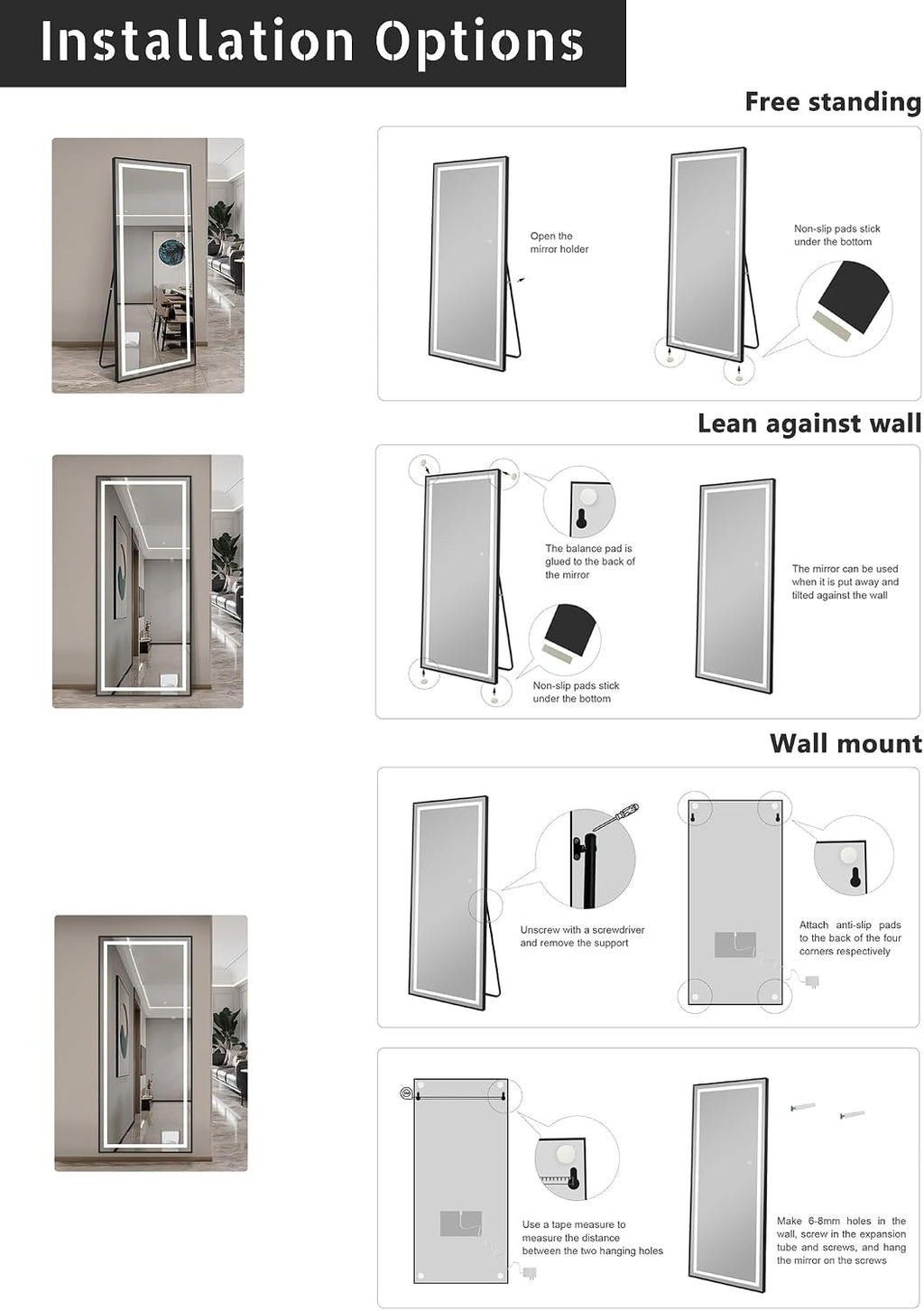 65x22 inch Framed Led Mirror for Wall Color Changing Free Standing Full Length Mirror