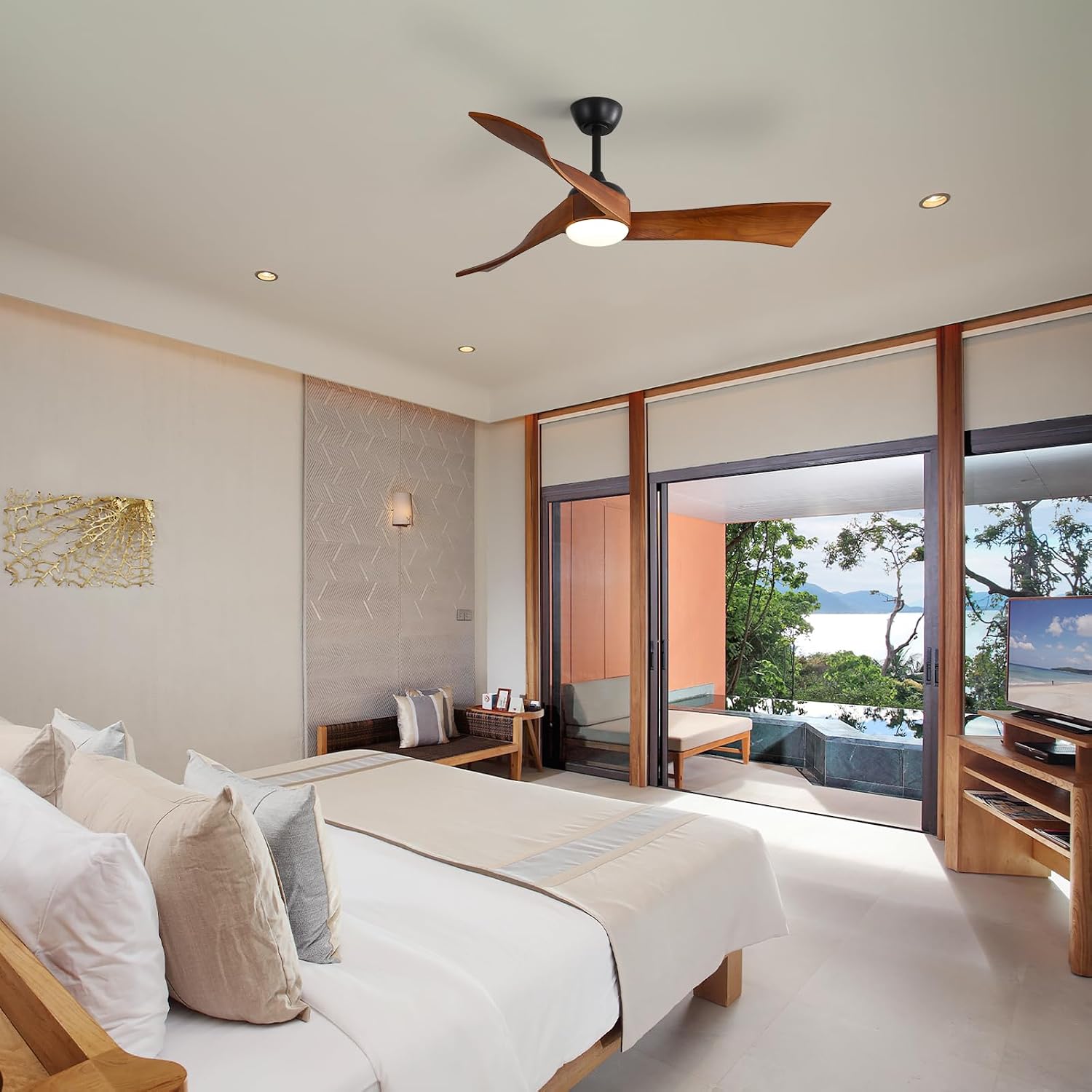 Sofucor 52 inch Ceiling Fans with Lights and Remote, Indoor/Outdoor Ceiling Fan with Light, Quiet DC Reversible, Low Profile Ceiling Fan Light, Solid Wood 3 Blade Ceiling Fans for Bedroom Farmhouse