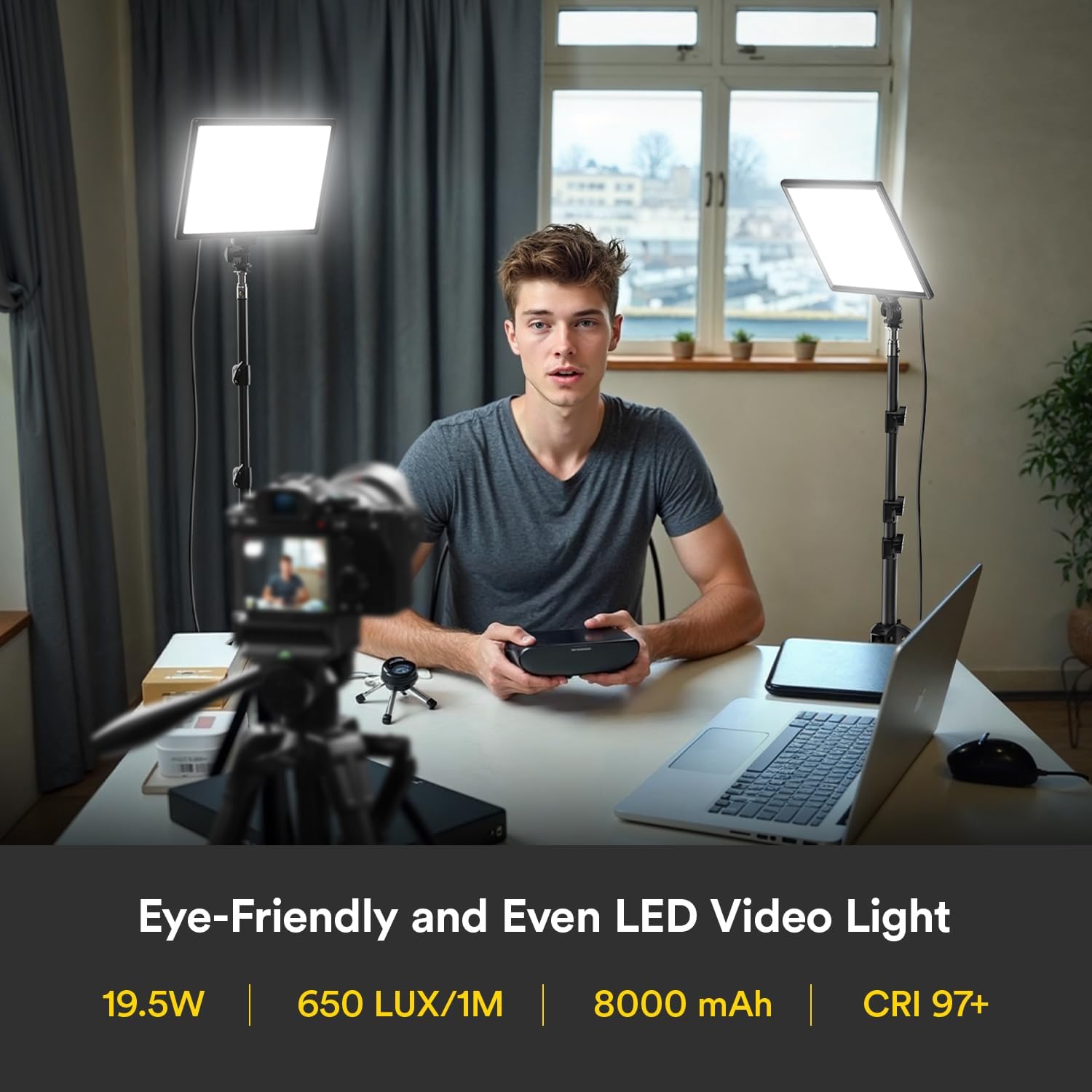 RALENO 13' Edge-Lit LED Video Light Panel Kit (2-Pack), Bi-Color 2500K-6500K Soft Studio Lights with CRI 95+, 75' Stand & 8000mAh Battery, Photography Light for Streaming/Zoom/YouTube/Makeup
