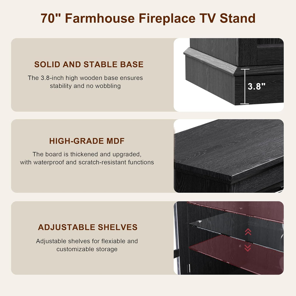 MXV 70' Fireplace TV Stand, 3-Sided Glass Fireplace and Modern Entertainment Center, Wooden Media Console with Glass Doors & Storage Drawers, LED Light, for Living Room, Black