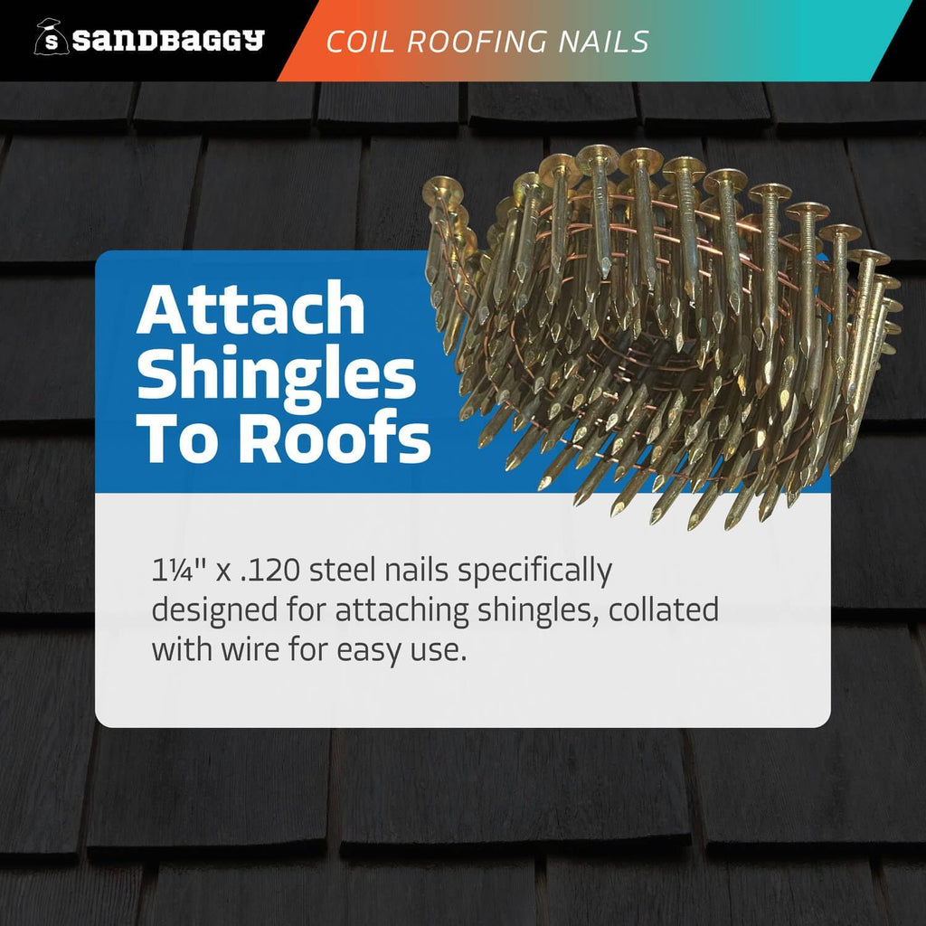 Sandbaggy 1-1/4' Coil Roofing Nails For Shingles - 15 Degree - Galvanized - Wire Collated, 11 Gauge - 120 Nails Per Coil (120)