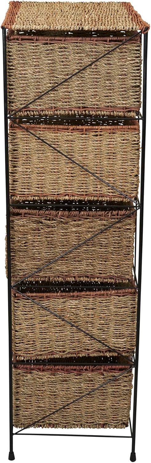 Household Essentials 5 Drawer Seagrass Wicker Storage Tower with Handwoven Rattan Design and Strong Metal Frame, Natural Rustic Modern Finish