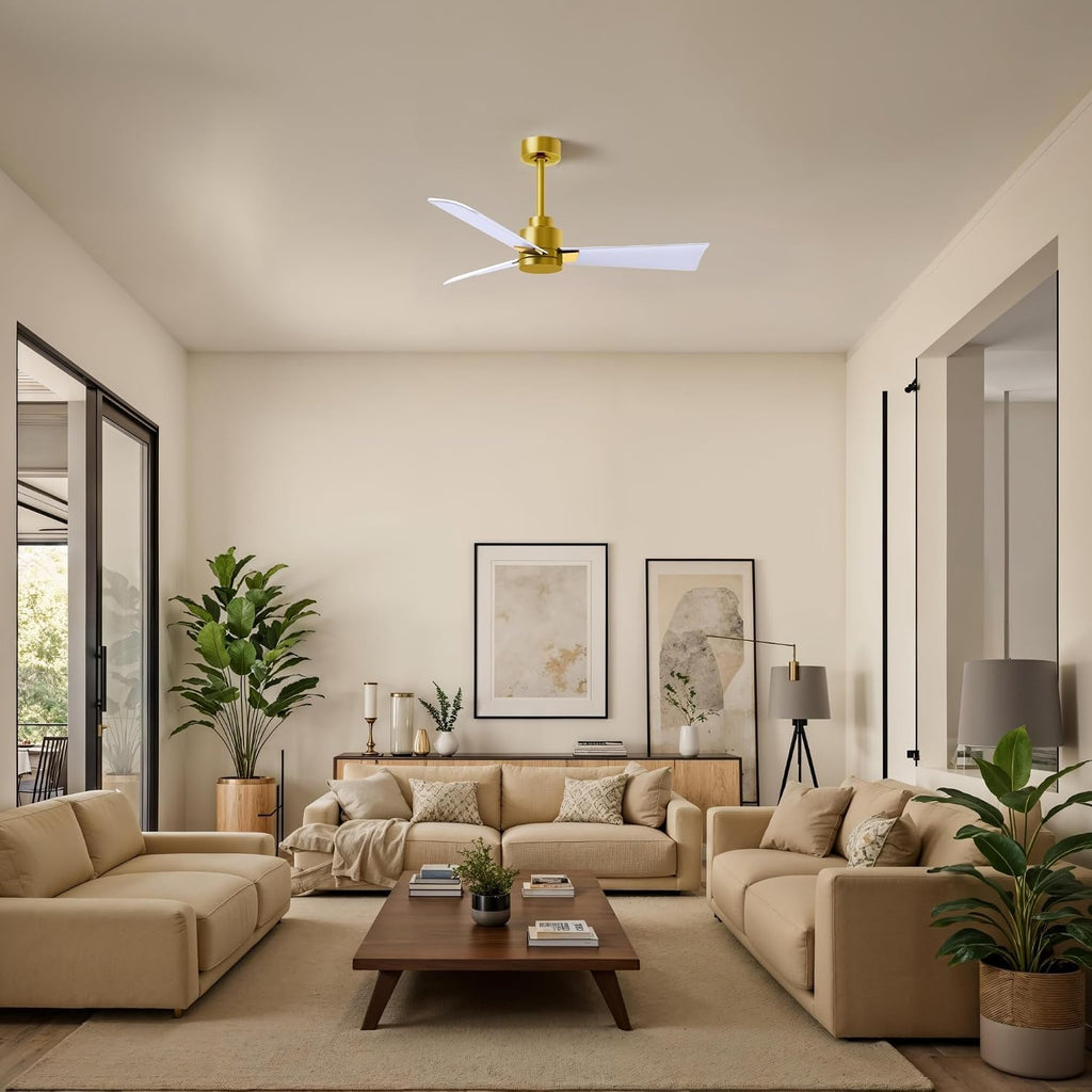 Matthews AK-BRBR-MWH-42 Alessandra Wet Rated 42' Outdoor Ceiling Fan without Light, Remote Included, Silent DC Motor, Brushed Brass with Matte White