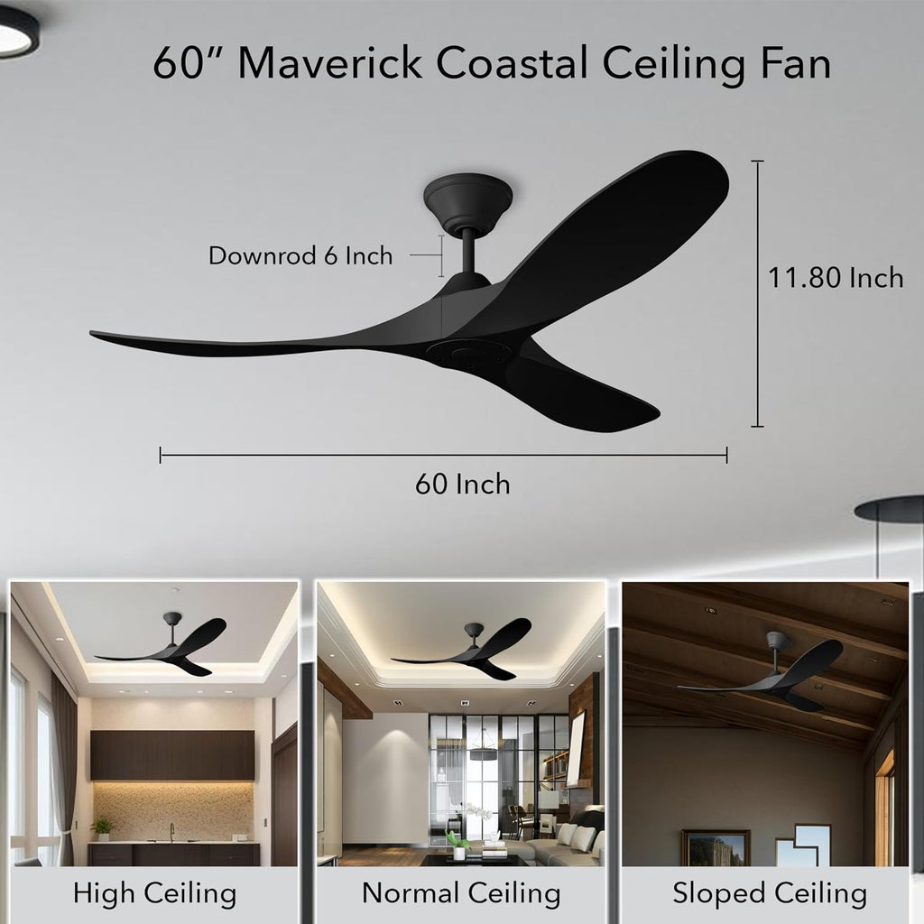 Generation Lighting 3MGMR60MBK-V2 Maverick Coastal Ceiling Fan with Remote Control, Wet Rated Indoor Outdoor Fan, High CFM with 3 Blades, 6 Speeds (Midnight Black with Midnight Black Blades, 60-Inch)