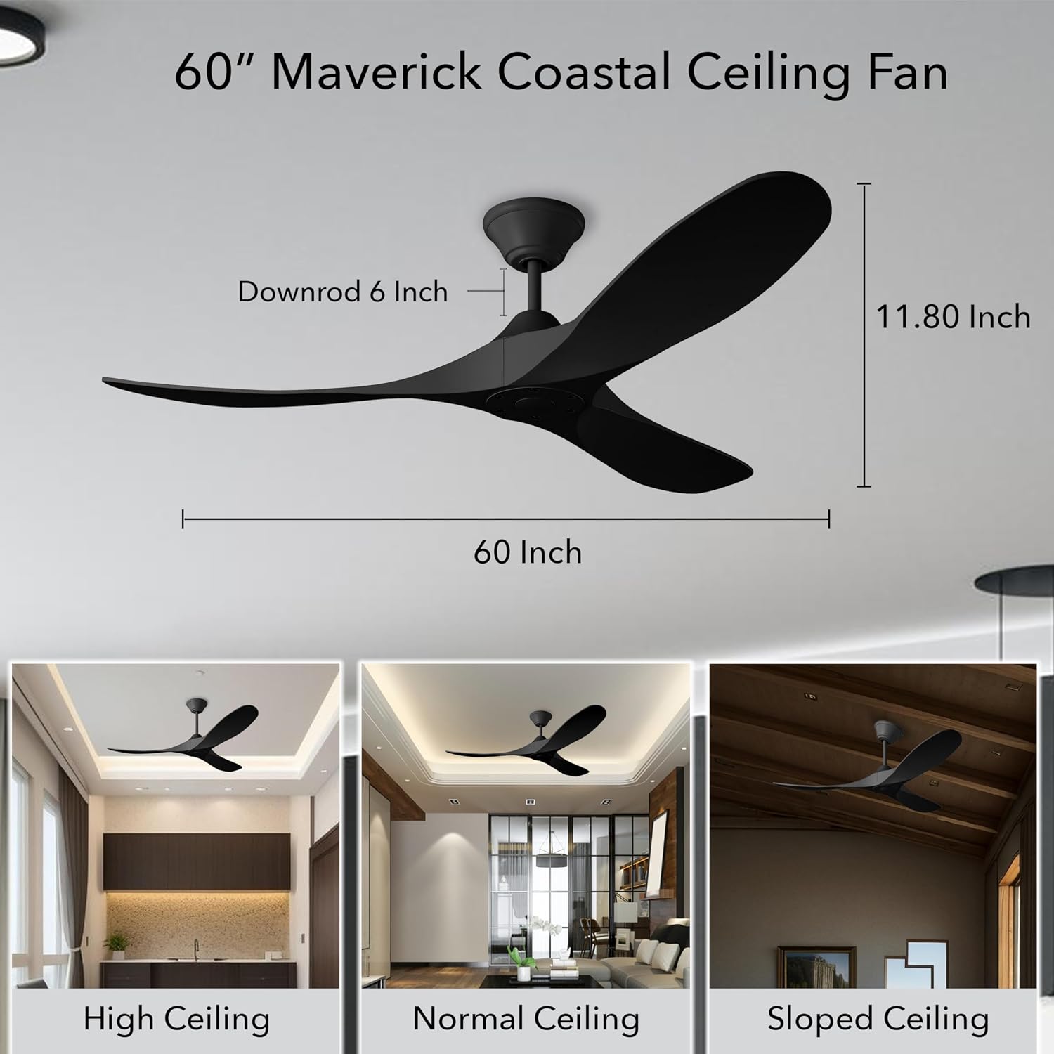Generation Lighting 3MGMR60MBK-V2 Maverick Coastal Ceiling Fan with Remote Control, Wet Rated Indoor Outdoor Fan, High CFM with 3 Blades, 6 Speeds (Midnight Black with Midnight Black Blades, 60-Inch)