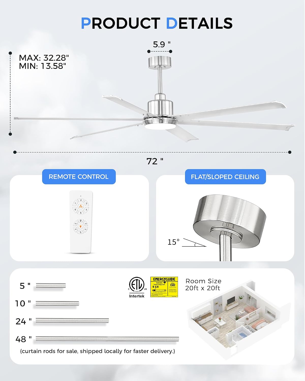 72 Inch Ceiling Fan with Light, Industrial Aluminum Blades, DC Motor 6 Speed Reversible,Covered Outdoor Space, Brushed Nickel,CF06BN-72