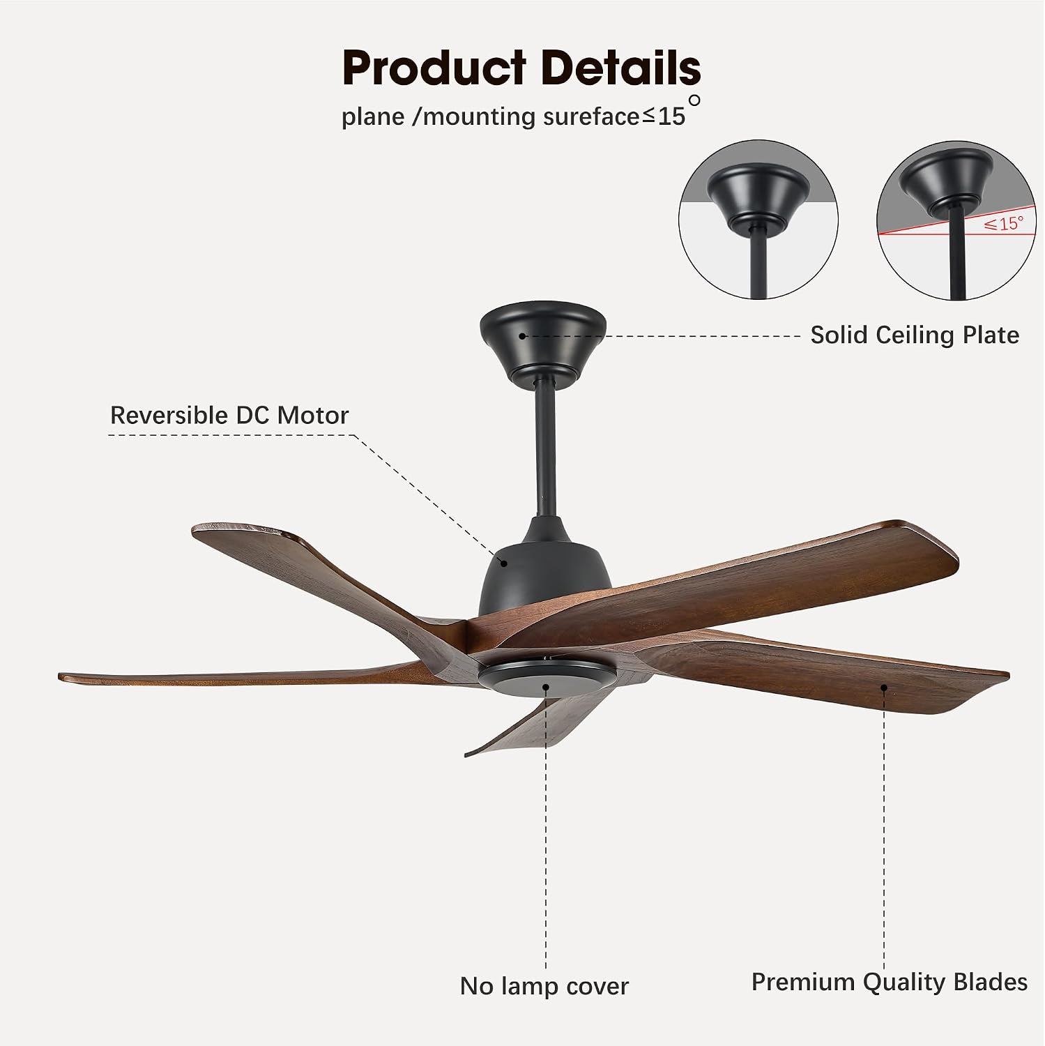 52 Inch Solid Wood Ceiling Fan No Lights, Remote and APP Control, DC Motor, 6-speed Reversible, for Bedroom, Living Room, Office, Dark Walnut