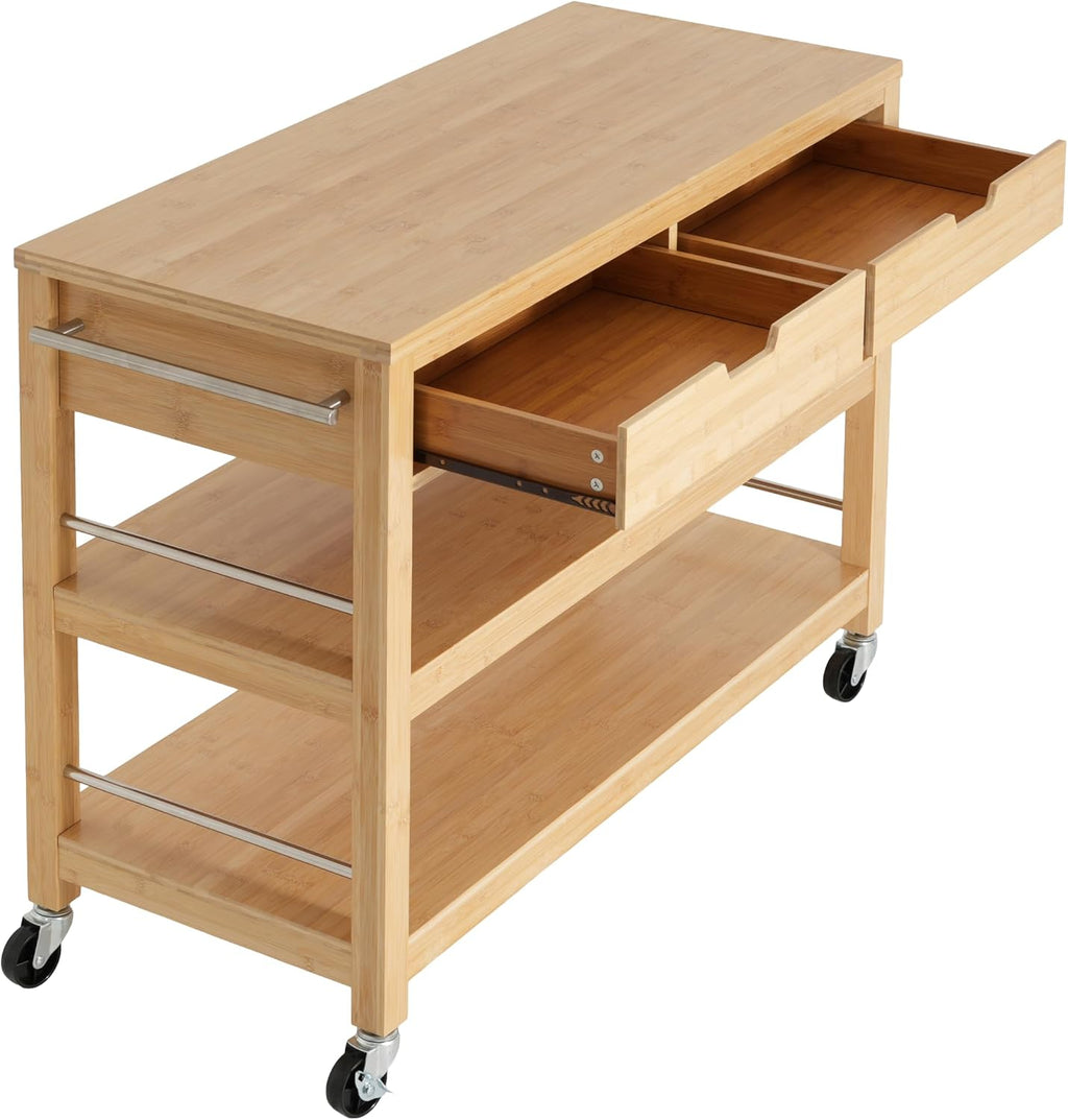 Christopher Knight Home Metis Bamboo Rolling Bar Cart with Storage, Kitchen Island on Wheels with Drawers, Mobile Kitchen Cart Storage Cabinet, Rolling Serving Cart, Shelf Rack Organizer, Natural