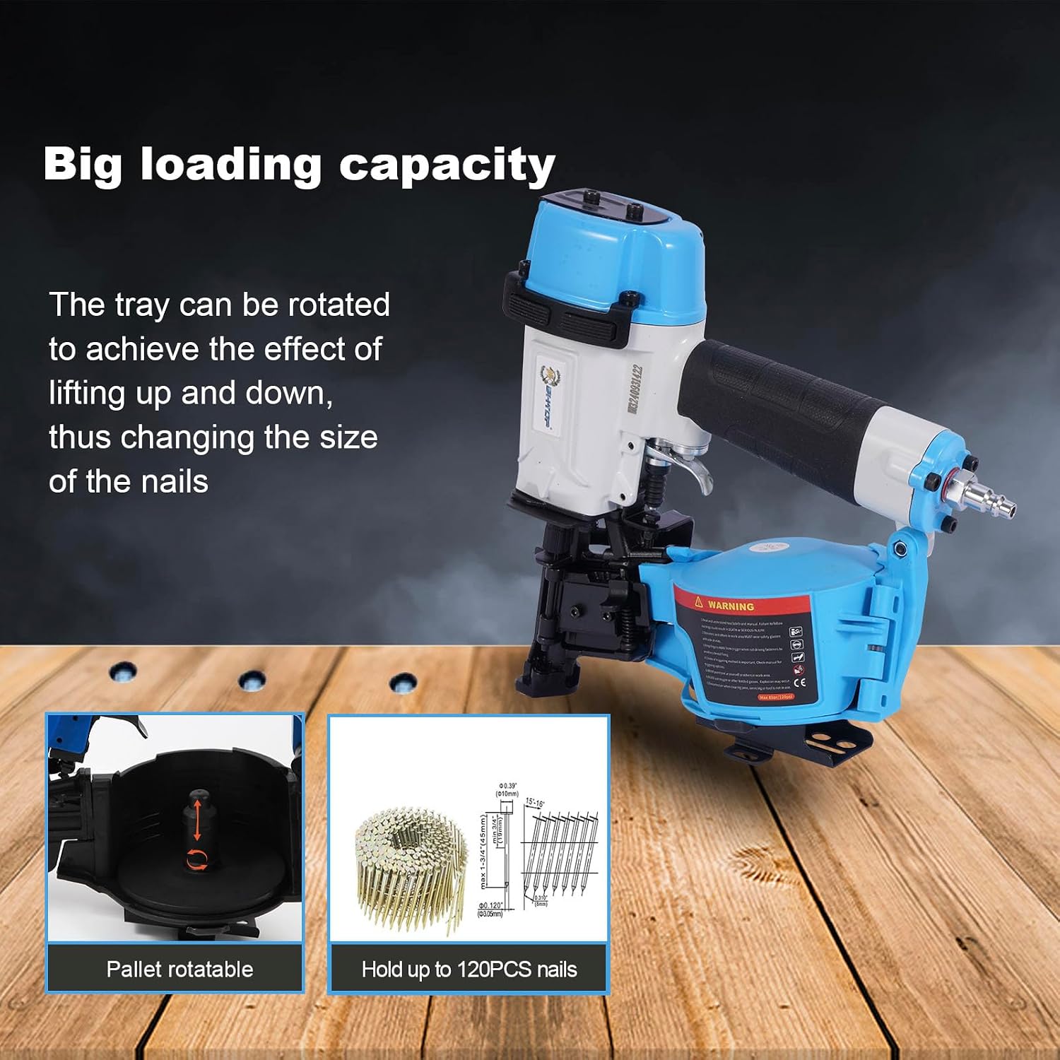 Honduras Style Roofing Nail Gun, 15 Degree CN45N Roofing Nailer 3/4-Inch to 1-3/4-Inch Coil Nails, 120-pcs Load Capacity Coil Nailer
