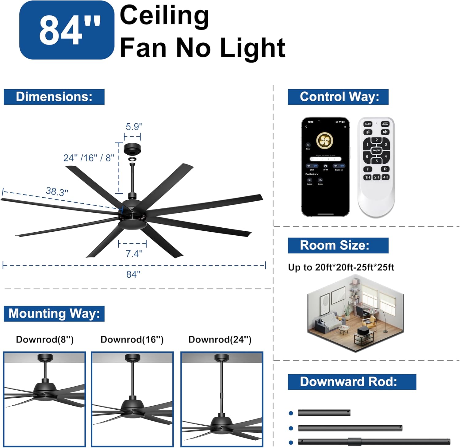 84'' Ceiling Fans No Light - Remote & APP Control, Large Industrial DC Motor Fan for Covered Outdoor Patios, Shop, Garage, Black without Light