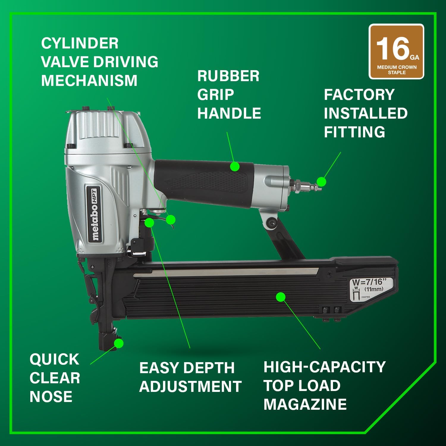 Metabo HPT 7/16' Standard Crown Stapler, Pro-Preferred Pneumatic Power Nailers, Construction Tool for Roof Decking & Subfloor Install, 16 Gauge Power Stapler, 1' to 2' Crown Staples, N5008AC2