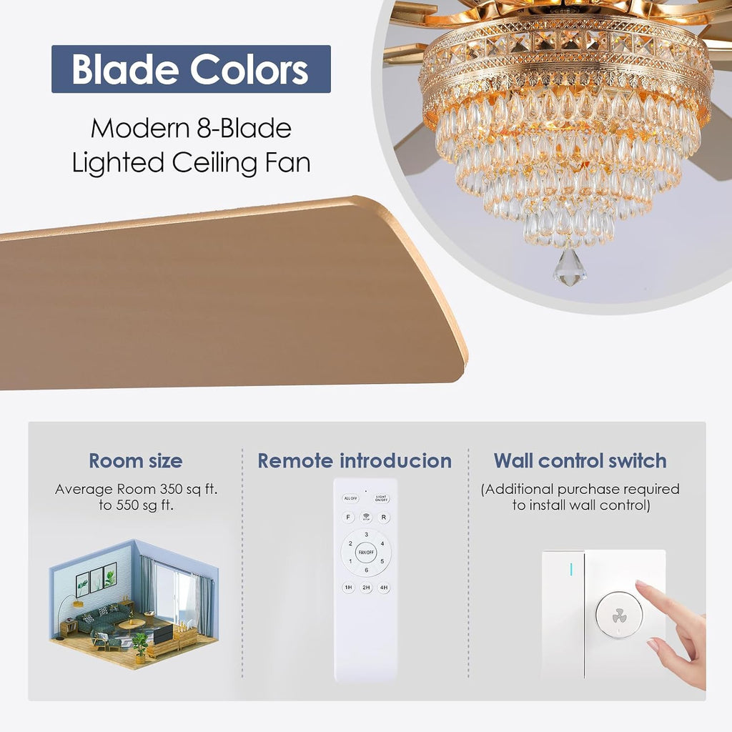 72 Inch Golden Crystal Ceiling Fan Fandelier with Lights,Large Modern Luxury Chandelier Ceiling Fans with Remote Control，Retro/Farmhouse Ceiling Fan with Light Fixture For Dining Room,Living Room