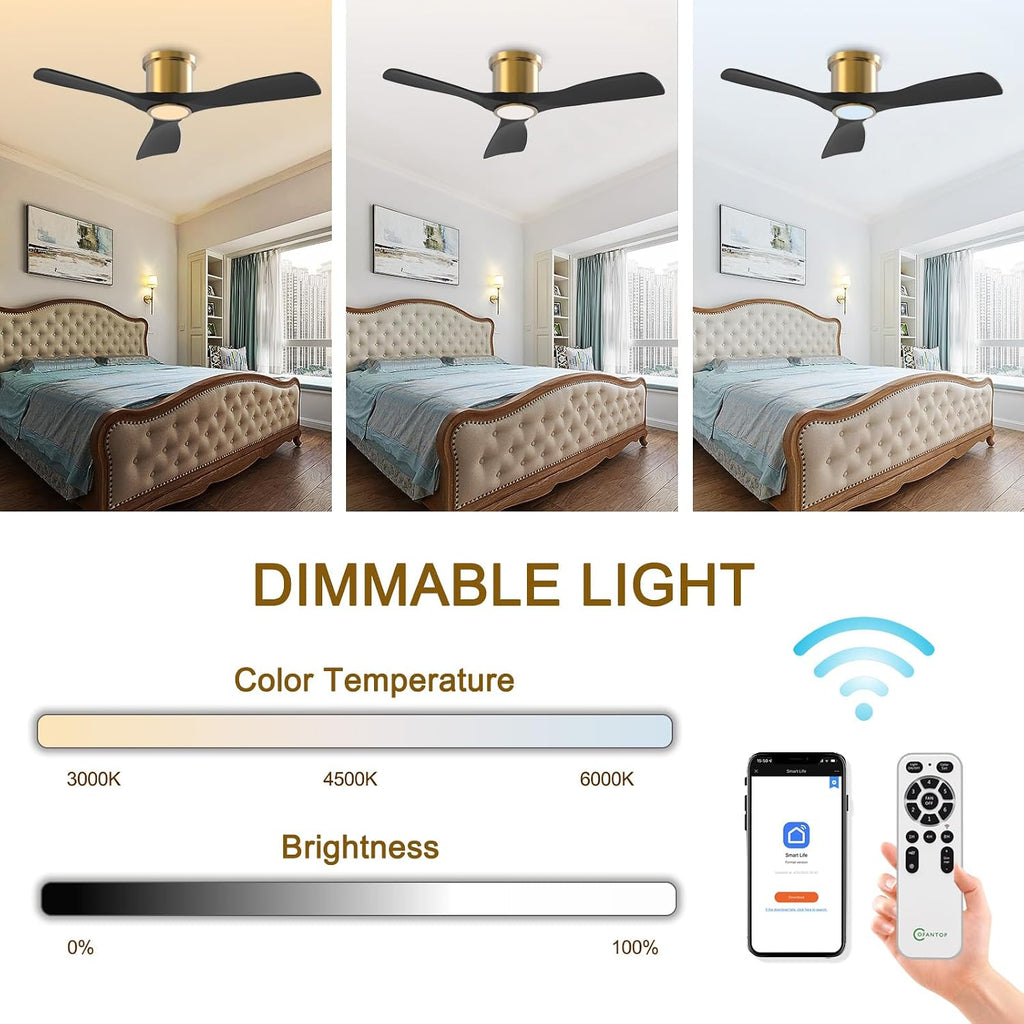 OFANTOP 52 Inch Smart Ceiling Fan with Light and Remote, Indoor 3 Blade Black Gold Flush Mount Modern Ceiling Fan for Bedroom Living Room