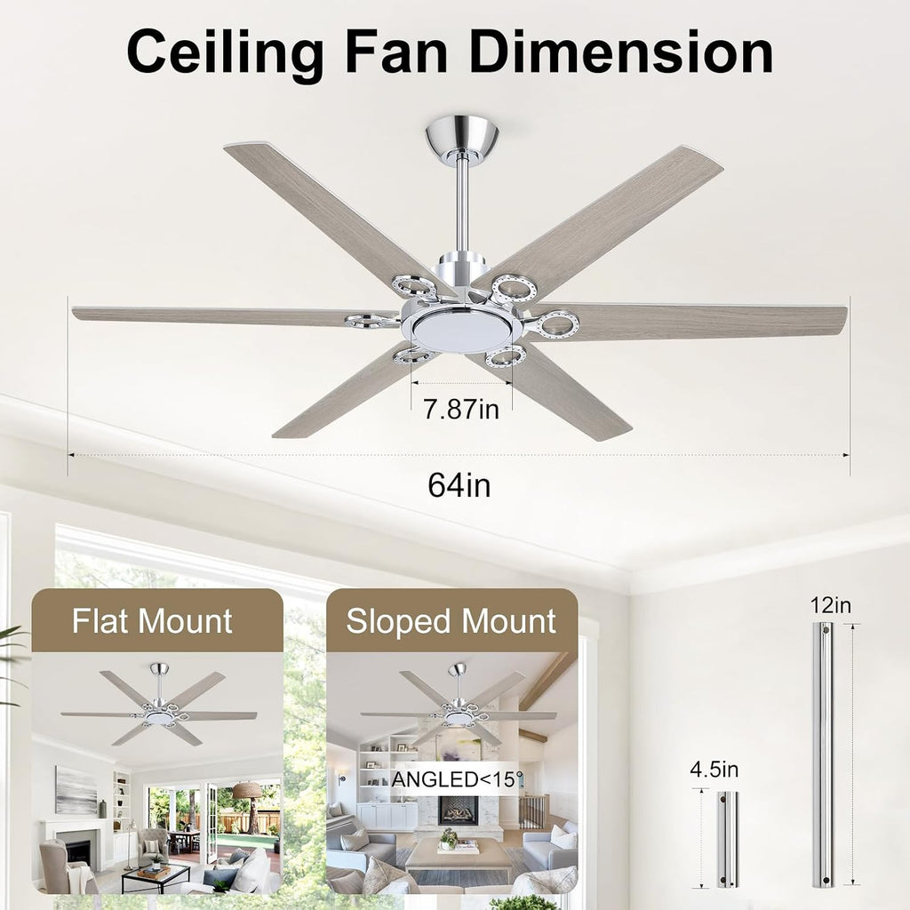WINGBO Ceiling Fan no Light - 64 inch Ceiling Fan with Remote Control,6 Blades Modern Ceiling Fan, 6-Speed Noiseless Timer Powerful DC Motor, ETL Listed, Indoor/Outdoor, Chromium + Grey