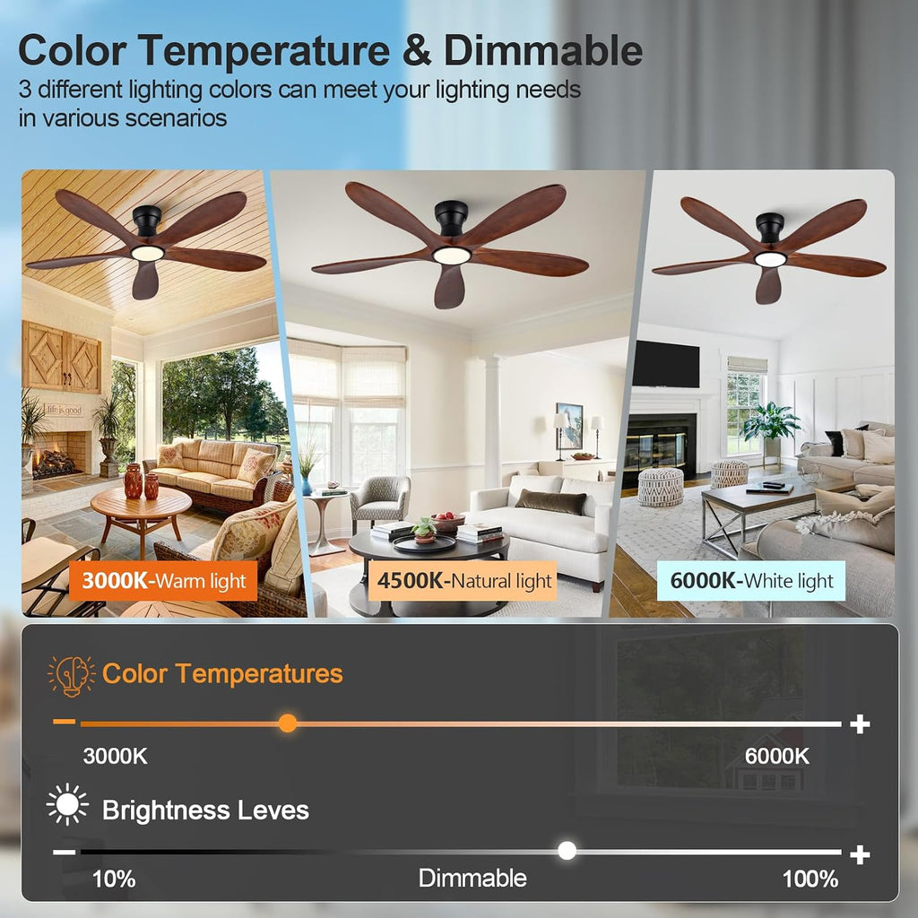 52 Inch Flush Mount Ceiling Fans with Lights and Remote, Dimmable 5 Blade Wood Outdoor Ceiling Fan Outdoor Fans for Patios Low Profile Modern Ceiling Fan with Light for Bedroom Living Room
