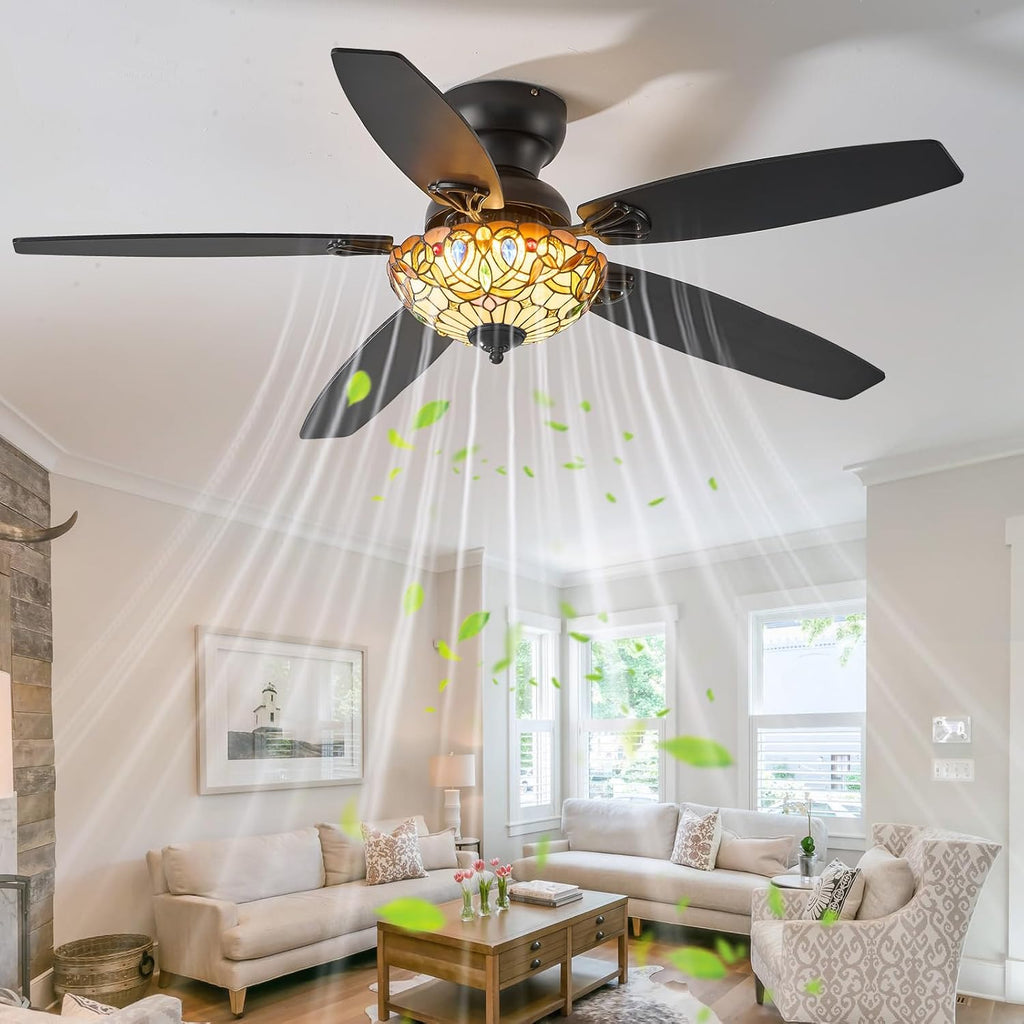 Ceiling Fans with Lights - 52' Ceiling Fan Chandelier with 5 Dual-Blades and Glass Shade, 6 Speeds and Reversible, Indoor and Outdoor, Retro Style