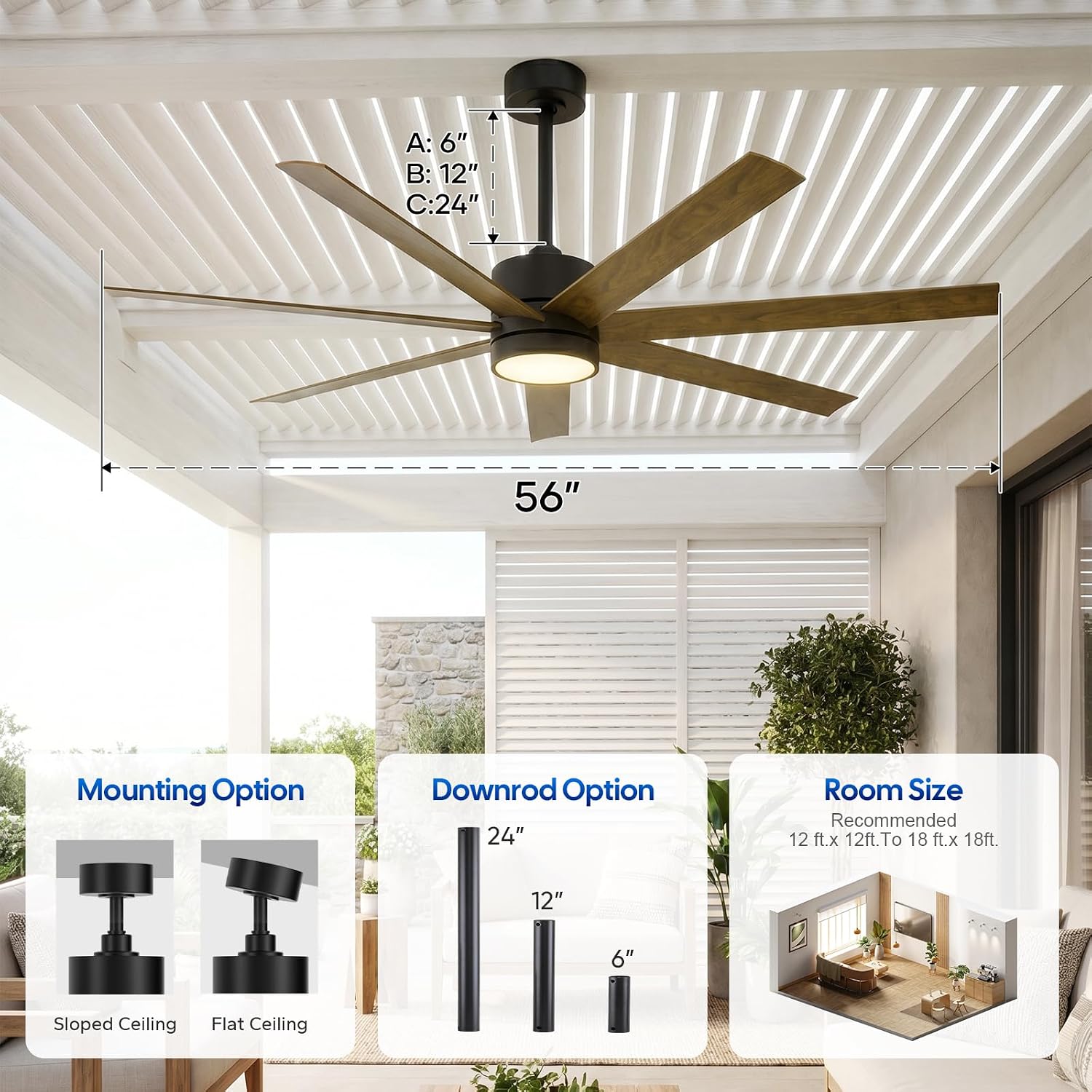 56 Inch Wet Rated Outdoor Ceiling Fan with Light, Waterproof All Weather 7 Brown Blades, Smart App/Voice/Remote Control, High CFM Quiet DC Motor & UV Coating, for Exterior Patios, Gazebo Porch Pergola