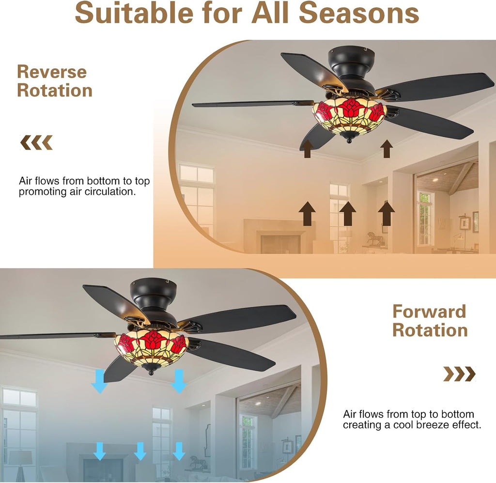 Tiffany Ceiling Fans with Lights - 48' Ceiling Fan Chandelier with 5 Dual-Blades and Glass Shade, 6 Speeds and Reversible, Indoor and Outdoor, Retro Style