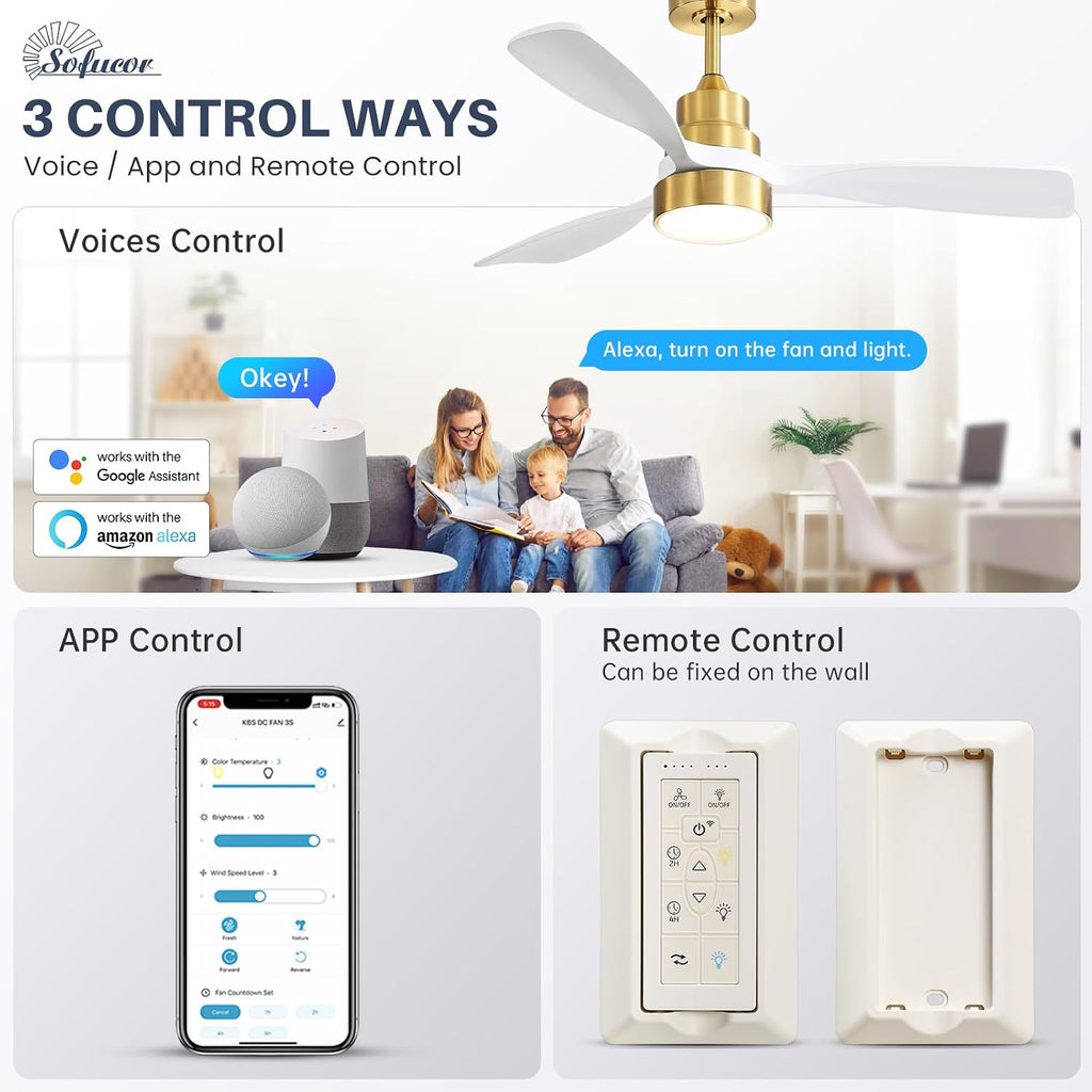 Sofucor 48 Inch Smart Ceiling Fan with Lights and Remote/APP Control, Compatible with Alexa/Google, 3 Blade White Glod Solid Wood Low Profile Ceiling Fan for Indoor Outdoor Bedroom Farmhouse Patio