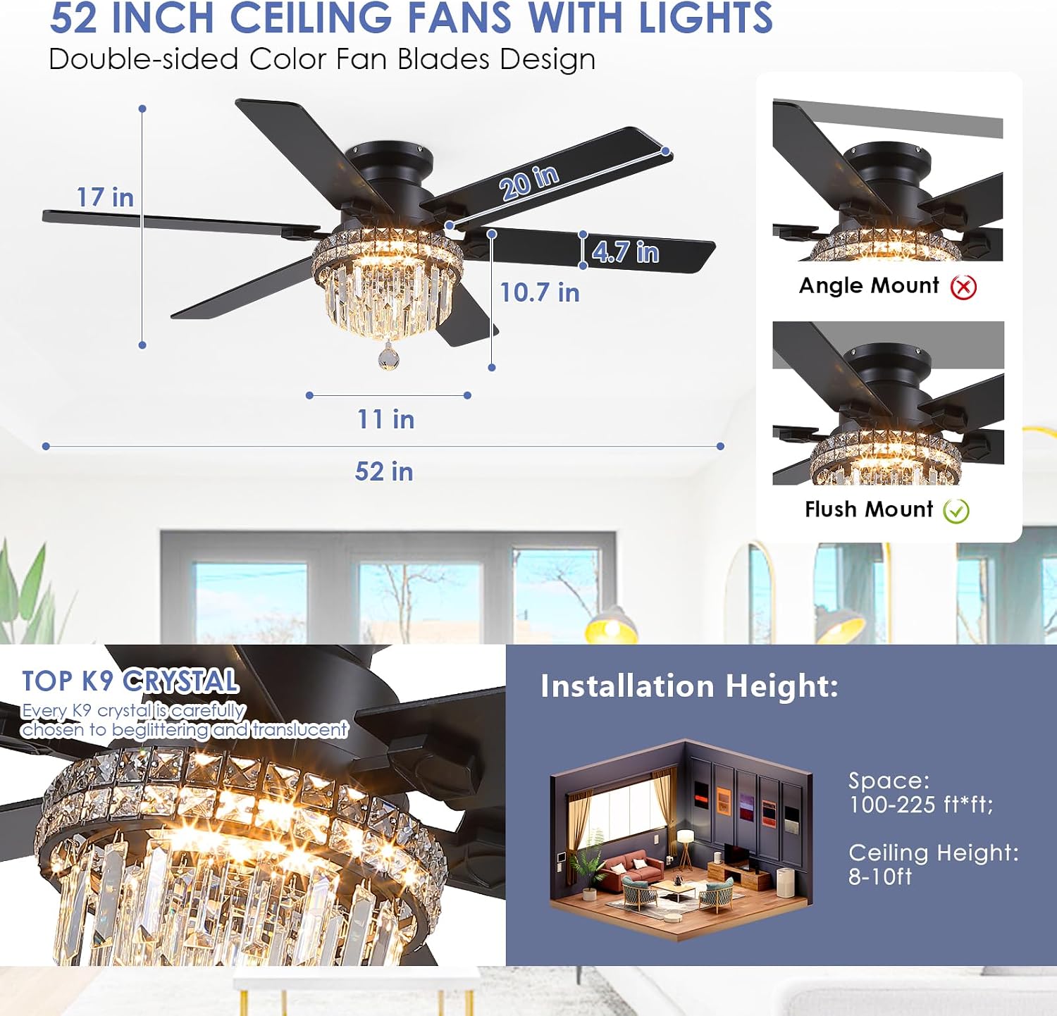 Asyko Crystal Ceiling Fan Fandelier with Lights - 52' Outdoor Fans with Remote Control，Crystal Ceiling Fans Noiseless DC Motor, Retro/Farmhouse Lighting, Dining Room,Living Room