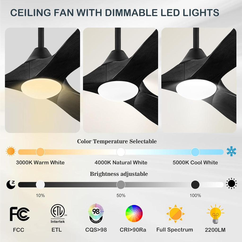 52 Inch Black Outdoor Ceiling Fans for Patios with Light, Modern Solid Wood Propeller Ceiling Fan with Remote, Energy Efficient Reversible Quiet Dc Motor for Bedroom Living Room Exterior