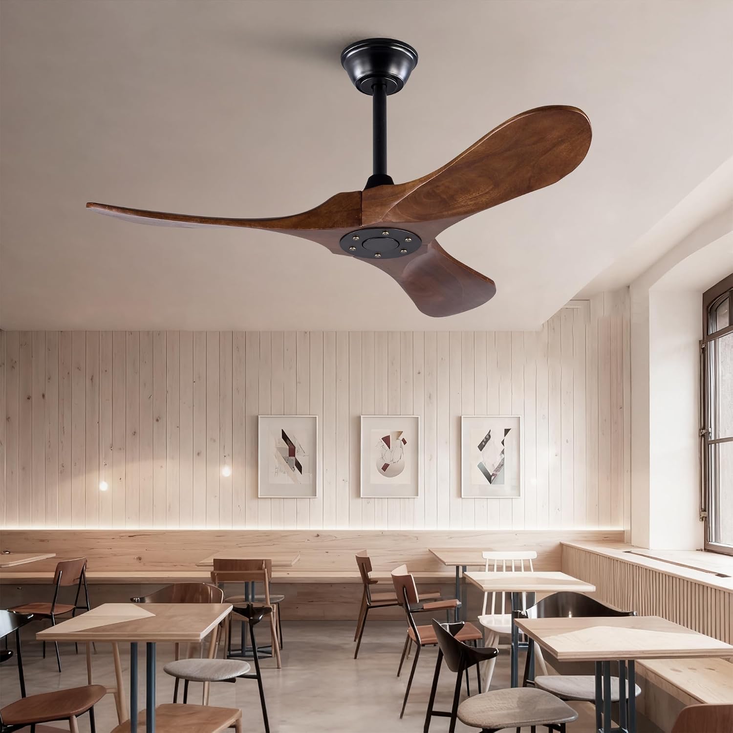 42' Solid Wood Ceiling Fan, Outdoor, 3 Blade, No Light, Walnut, for Patio Living Room Bedroom Porch, Remote Control, Water Resistant