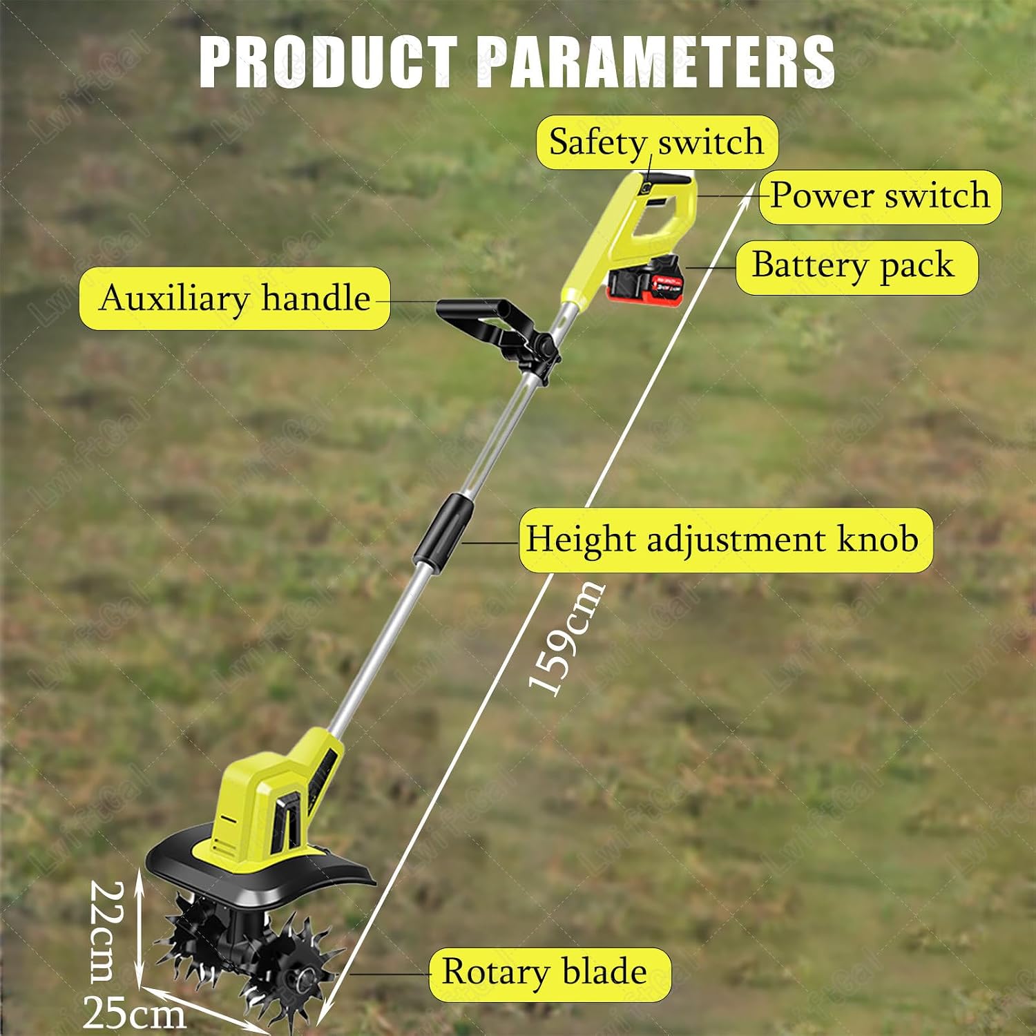 Electric Tiller, Cordless Electric Garden Rotavator - 25cm Working Width, 22cm Working Depth, 20V Soil Cultivator - Tiller with Safety Switch BackpackBattery