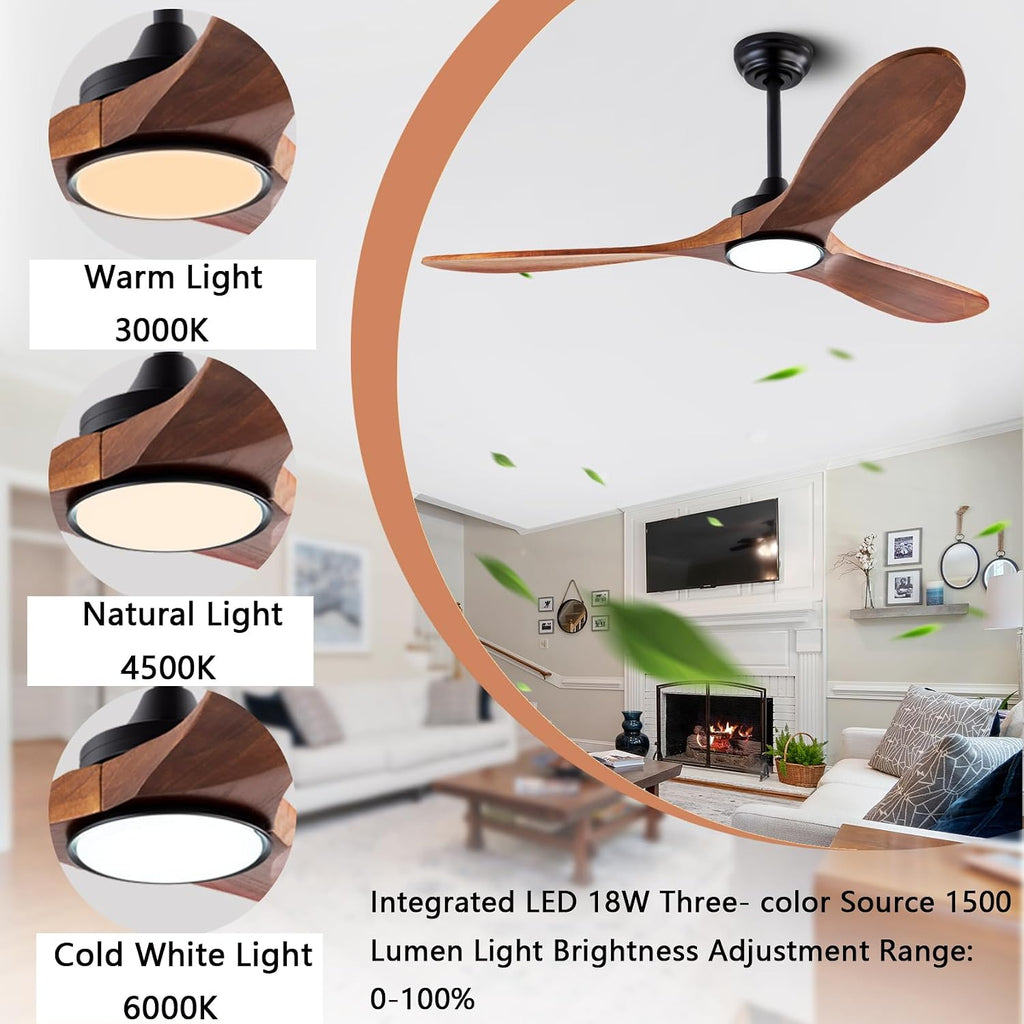 QUTWOB 42' Wood Ceiling Fans with Lights and Remote Control,Indoor Outdoor 3 Blades Wooden Ceiling Fan for Garage,Patio,Living Rooms,Bedrooms,Offices,Farmhouse(Black+Dark Walnut)