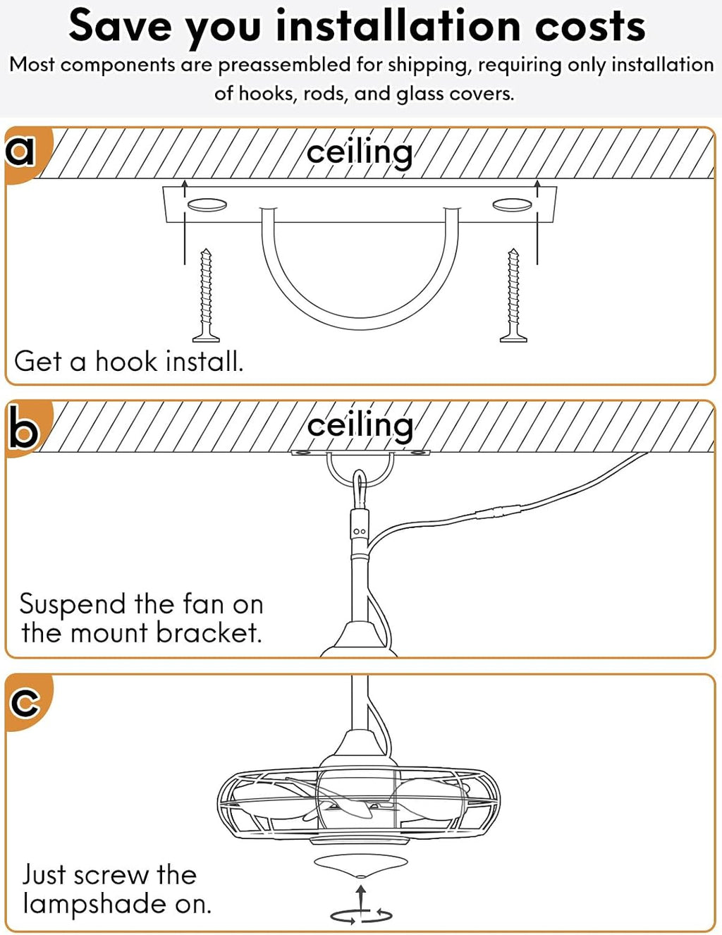 EKIZNSN 20' Outdoor Gazebo Ceiling Fans for Patios Waterproof, Wet Rated Plug in Ceiling Fan with Light, Hook Installation