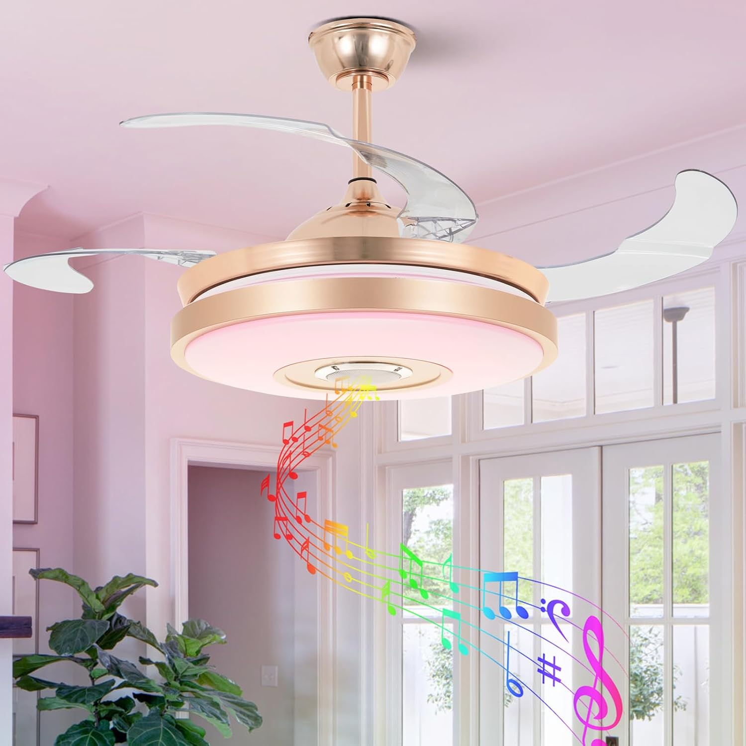 42' Modern Smart Bluetooth Ceiling Fans with Lights and Remote Control, Rose Gold Retractable Chandelier Fan Lighting with Speaker Play Music 7 Colorful Dimmable Fixture for Living Room