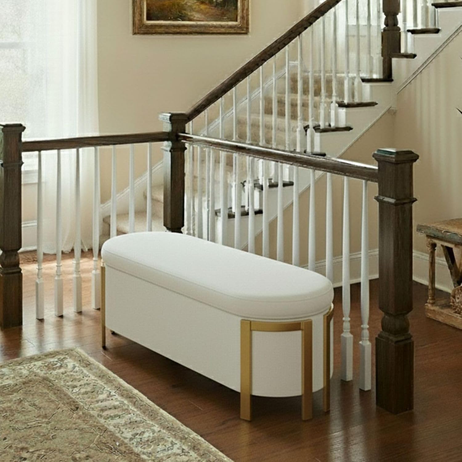 Hyfirm 48' Storage Ottoman Bench – White Chenille Upholstered Footrest with Gold Legs, Long Oval Padded Stool for Bedroom, End of Bed, Living Room, Entryway, Hallway