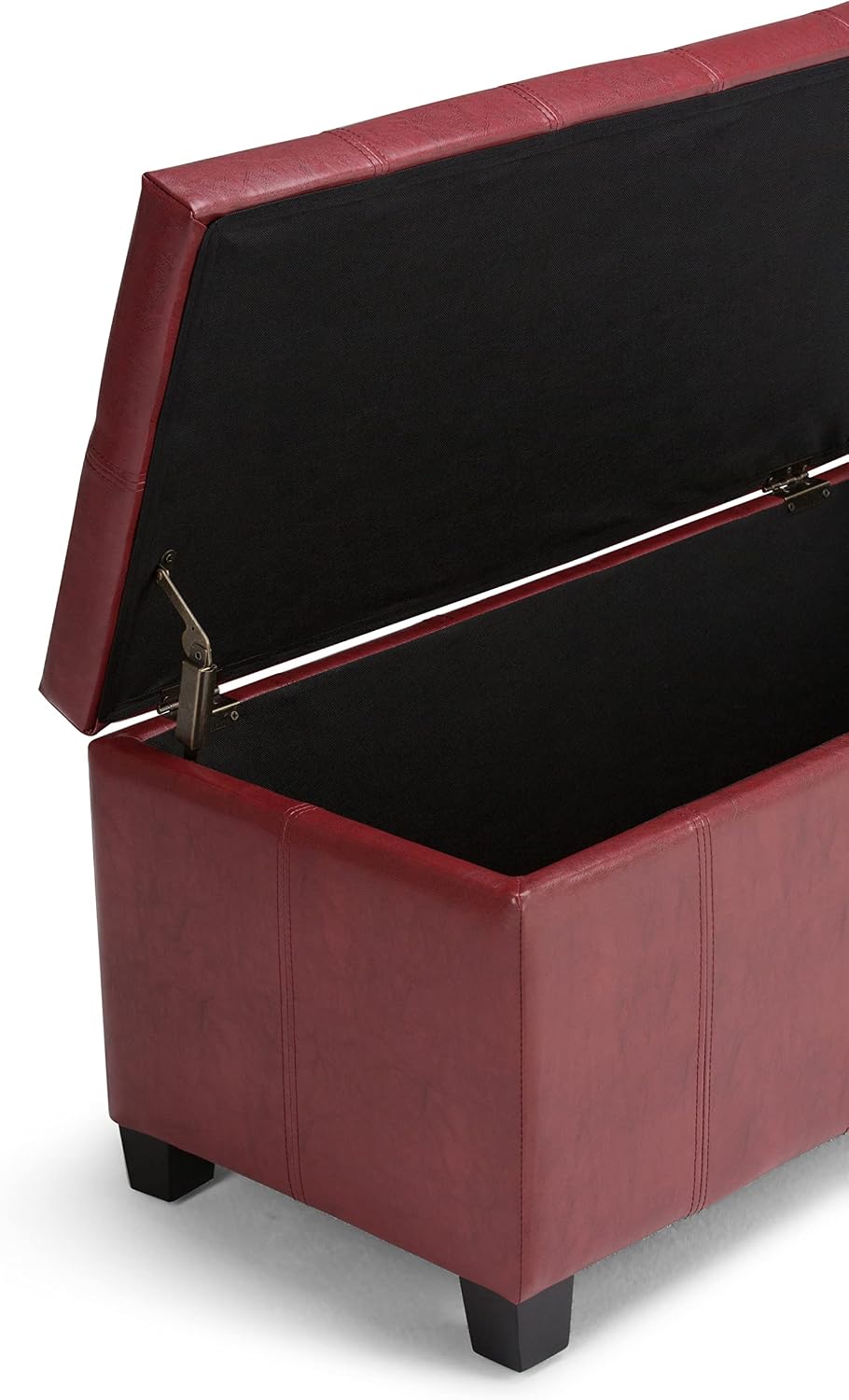 SIMPLIHOME Dover Storage Ottoman Bench - 36 inch Wide Upholstered Vegan Leather Rectangular Lift-Top Ottoman in Radicchio Red, Contemporary Bench for Living Room with Safety Hinges