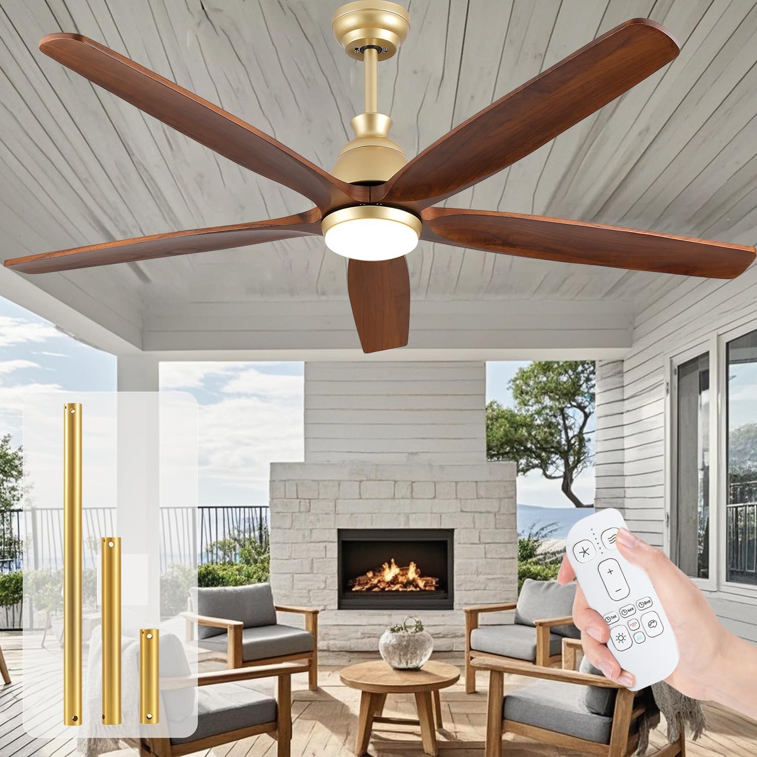 72 Inch Large Ceiling Fan with Light, Rustic Farmhouse Walnut Wood Ceiling Fan with Quiet DC Motor, 3 Color Temperature, High CFM Gold Ceiling Fans for Commercial Living Room