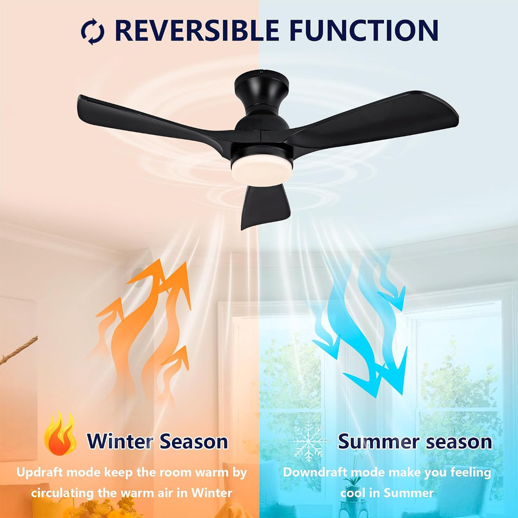 42 Inch Black Ceiling Fan with Lights Flush Mount Ceiling Fan with Remote Control, ABS Blades Outdoor Ceiling Fans for Bedroom,Farmhouse,Patio,Indoor, Quiet DC Motor
