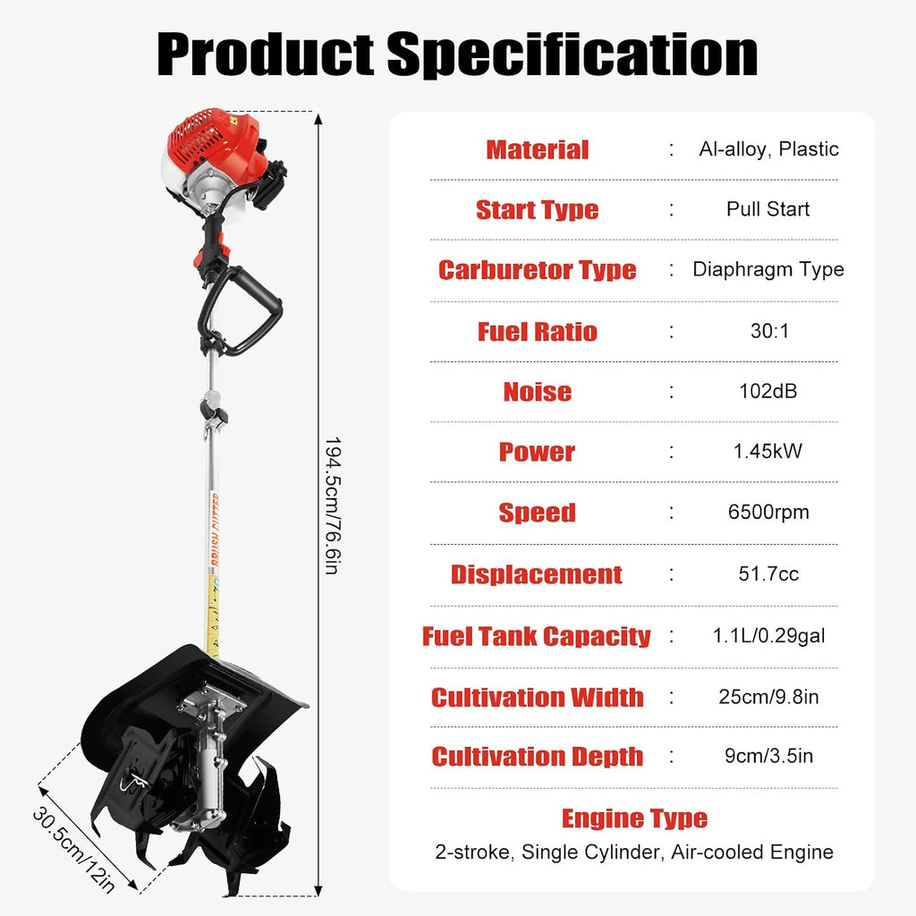 Tiller Cultivator Gas Powered, 43CC 2-Stroke Garden Cultivator,Tiller for Gardening,with Cordless and Long Pole Design,Diaphragm Carburetor, for Lawn, Garden and Field Soil Cultivation