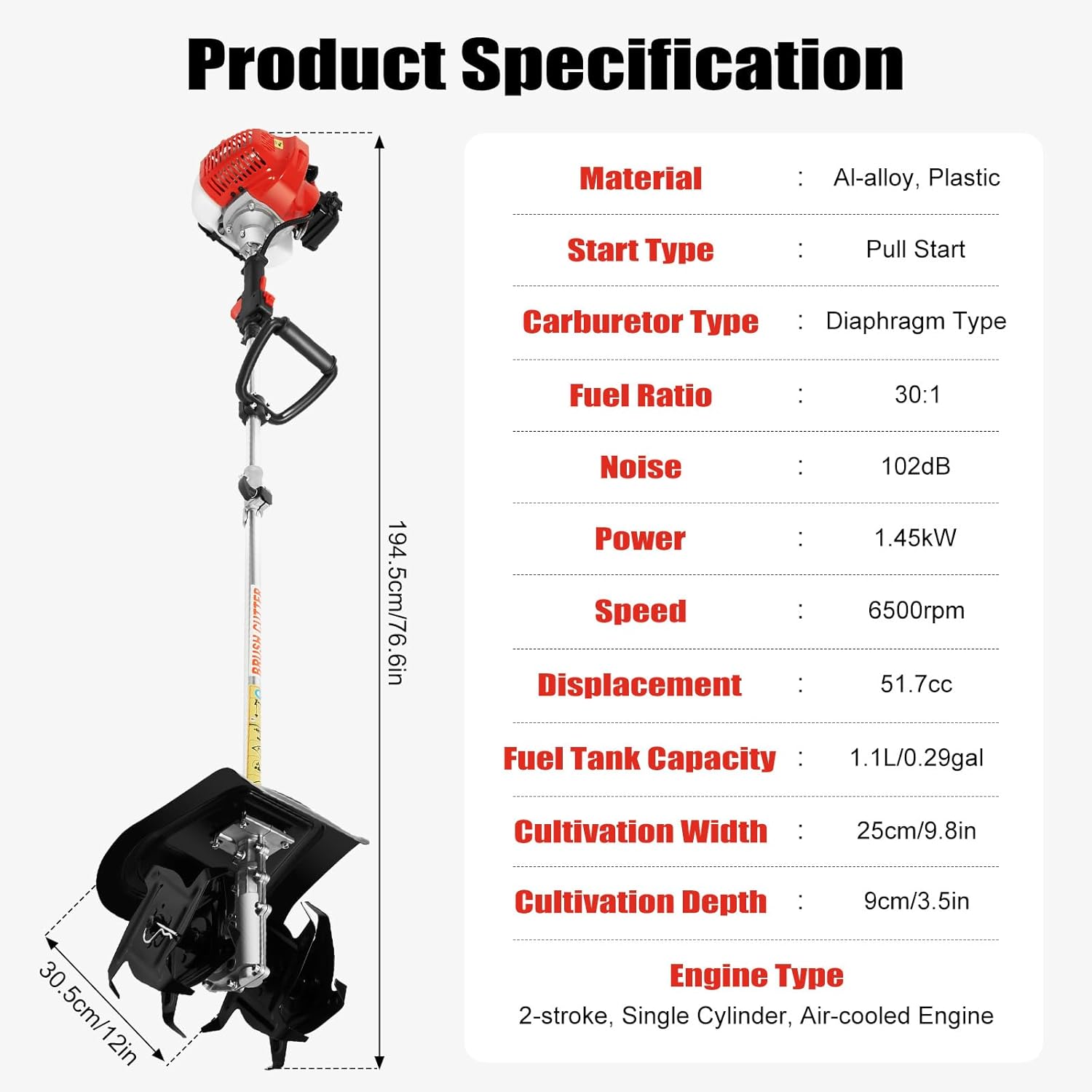 Tiller Cultivator, 42.7CC 2 Stroke Mini Handheld Gas Powered Engine Machine, Portable Cordless Rototiller Farm Plant Tiller Tool,Single Cylinder Weeding Machine for Garden Farmland Planting