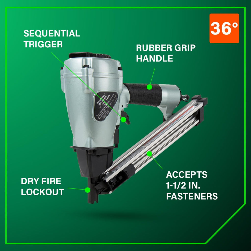 Metabo HPT Strap-Tite Fastening System Strip Nailer, Pro-preferred Pneumatic Power Nailers, Metal Connector Tool for Fastening Metal Connectors to Wood, 36° Magazine, 1-1/2″ Connector Nails, NR38AK