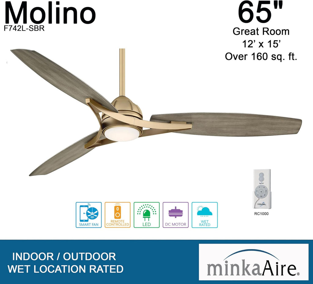 Minka-Aire F742L-SBR Molino Led 65' Outdoor Ceiling Fan with LED Lights & Remote, Soft Brass