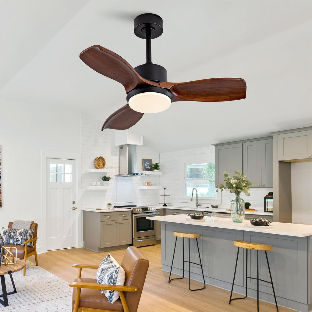 42' Wood Ceiling Fan with Lights Remote Control,Quiet DC Motor 3 Blade Ceiling Fans for Patio Living Room, Bedroom, Office,Indoor Outdoor(Black+Dark Walnut)