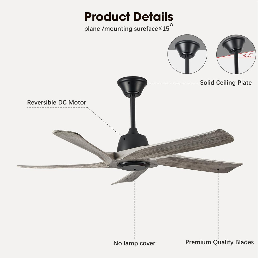 52' DC Ceiling Fan without Light, 5 Solid Wood Fan Blades, Remote and APP Control, 6-speed Reversible, Noiseless Ceiling Fan No Lights for Bedroom, Living Room, Office, Greywood