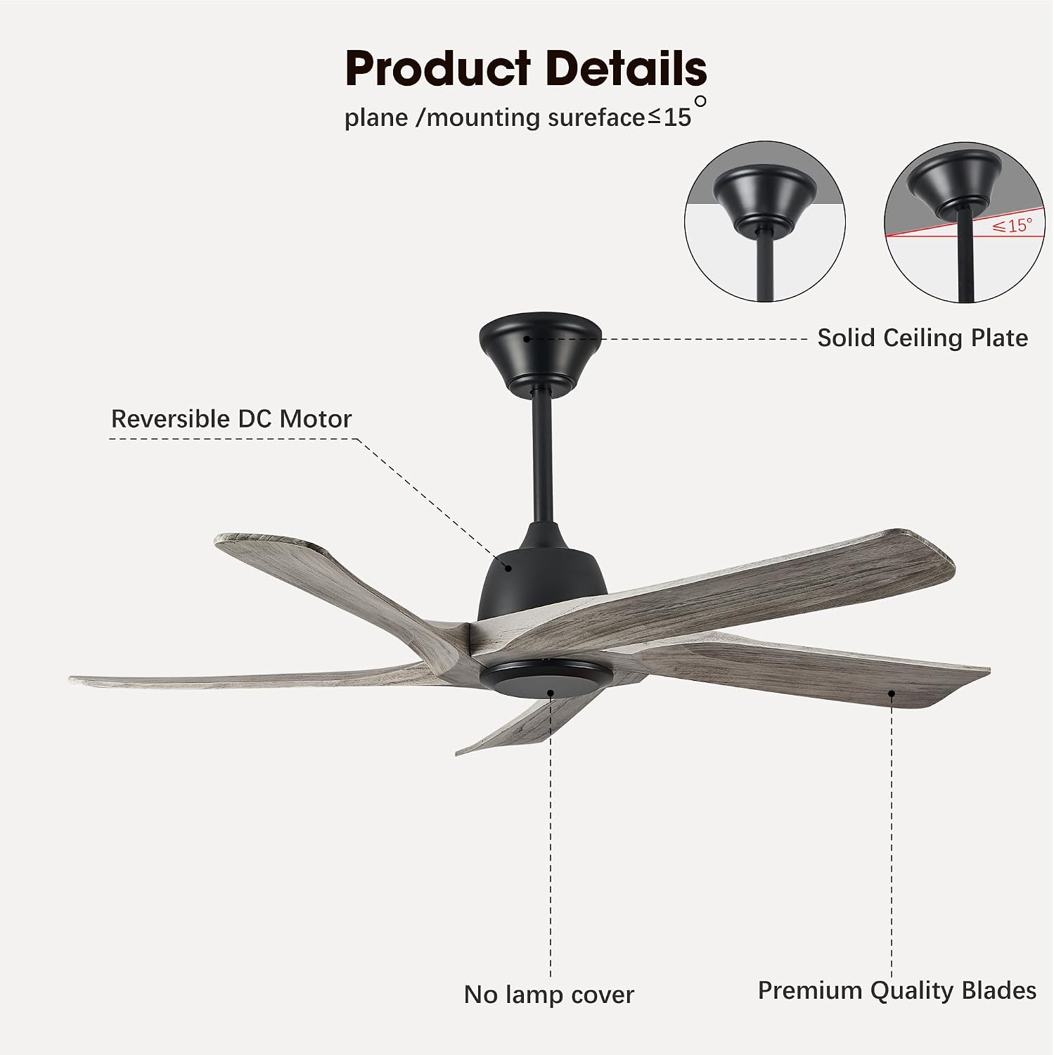 52' DC Ceiling Fan without Light, 5 Solid Wood Fan Blades, Remote and APP Control, 6-speed Reversible, Noiseless Ceiling Fan No Lights for Bedroom, Living Room, Office, Greywood