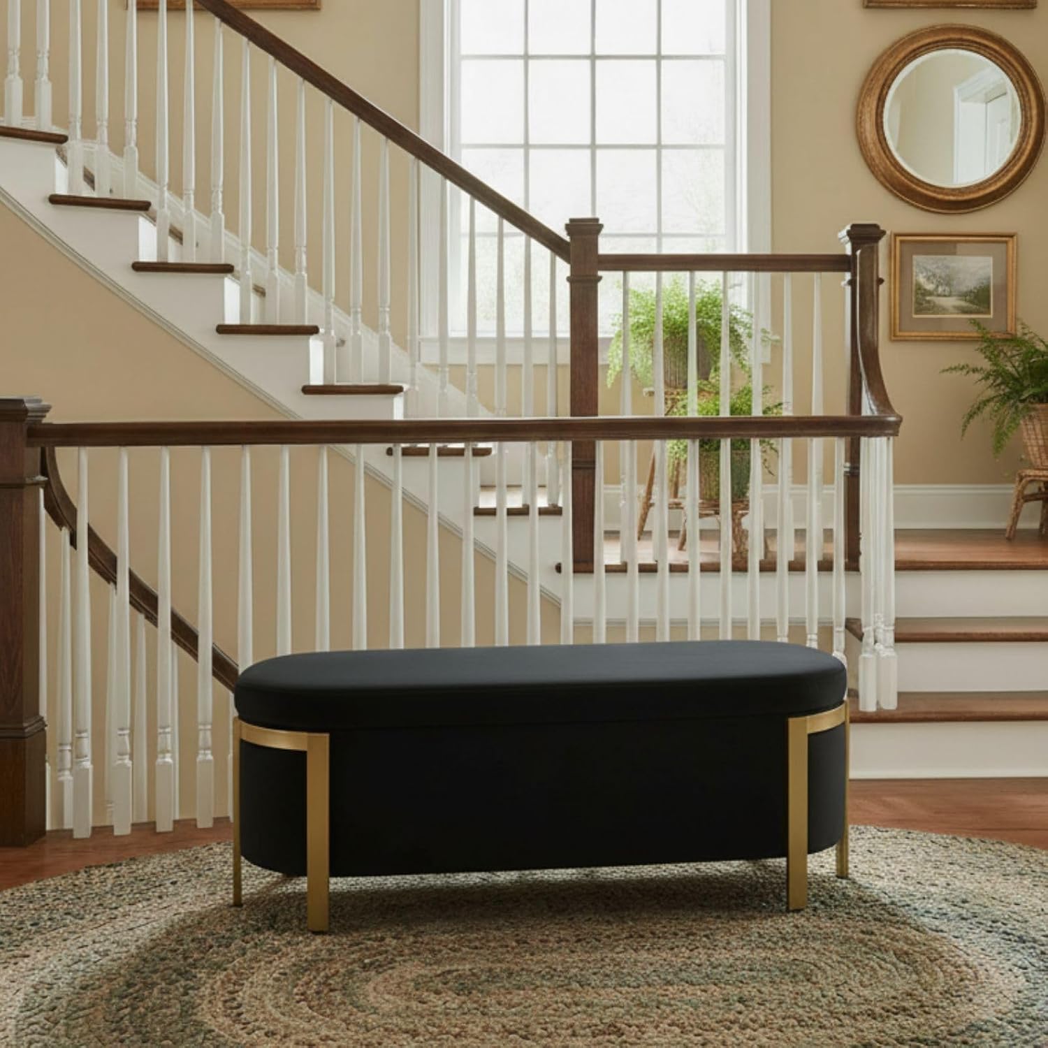 Hyfirm 48' Black and Gold Velvet Storage Ottoman Bench – Oval Upholstered Stool with Padded Seat, Long Settee for Bedroom, Living Room, End of Bed, Entryway, Hallway