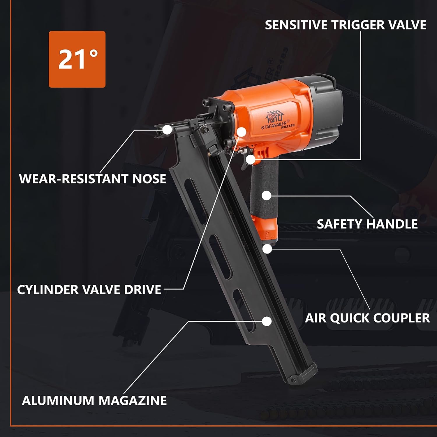 NR2183 High Speed Framing Nailer with Aluminum Magazine, 21 Degree Pneumatic Framing nail gun, 2-Inch up to 3-1/4-Inch Collated Full Head Framing Nails, Framing, Wooden House Building