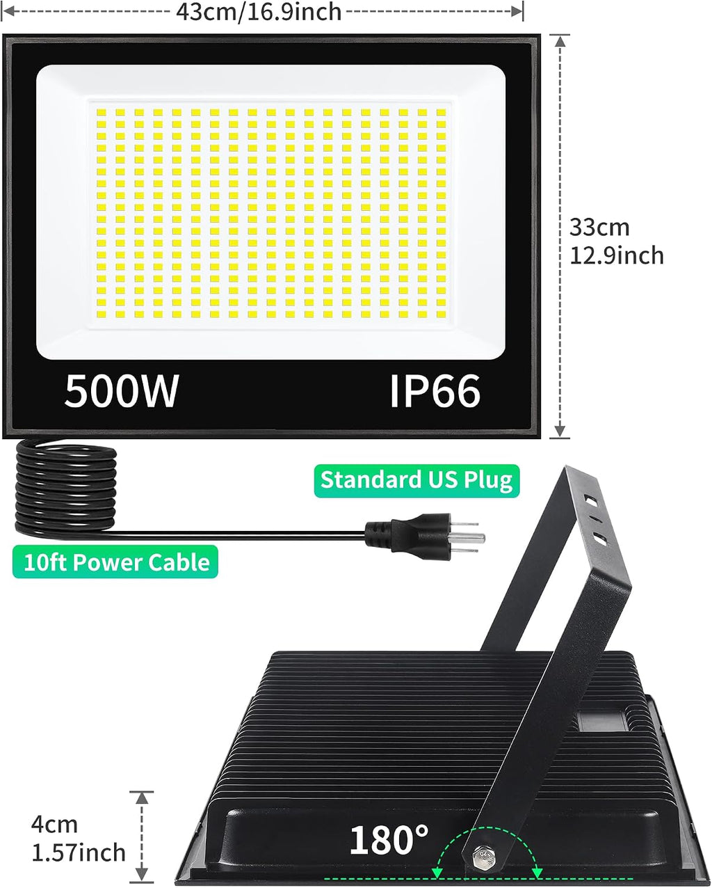 ISUERFY 500W LED Flood Light Outdoor with Plug+10ft Cable, 60000LM Ultra Brighter 5000K Exterior Security Light, IP66 Waterproof Commercial Lighting for Sports Fields Counts Arena Stadium(2 Pack)