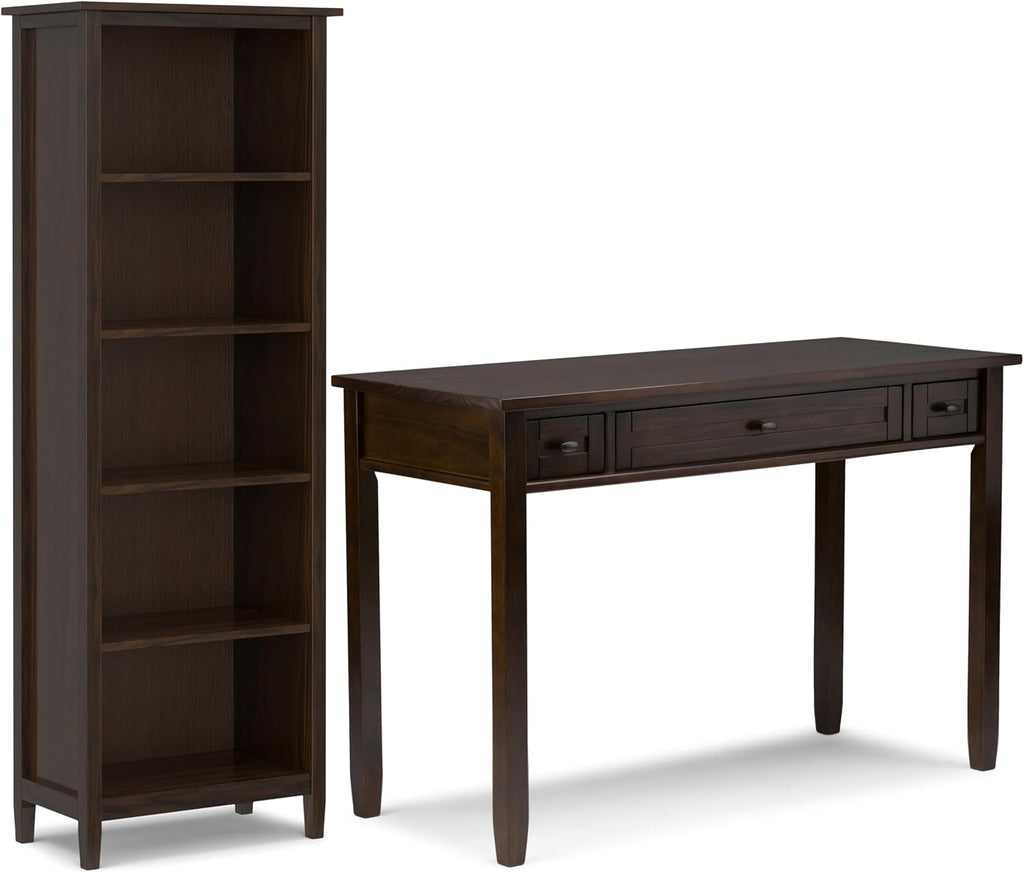SIMPLIHOME Warm Shaker Desk and Bookcase Bundle - 48 inch Wide Solid Wood Transitional Desk with Drawers and 26 inch Wide 5-Shelf Bookcase in Tobacco Brown, Home Office Furniture (Set of 2)